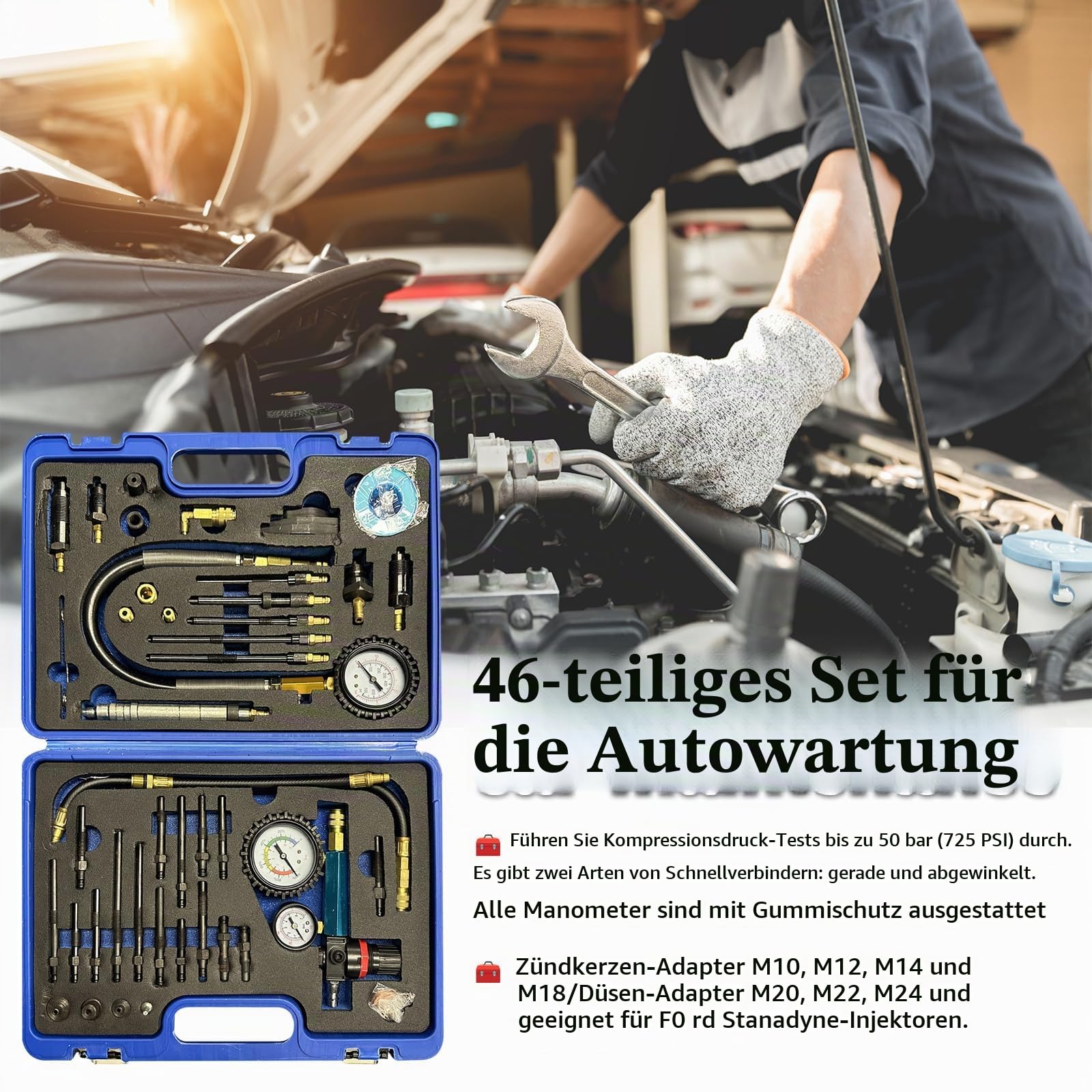 Kompressionstester, 46-tlg Kompressionsprüfer Diesel Benzin Kompressionstester Druckverlust Tester Motoren Prüfer Kompatibel mit Diesel Benzinmotore