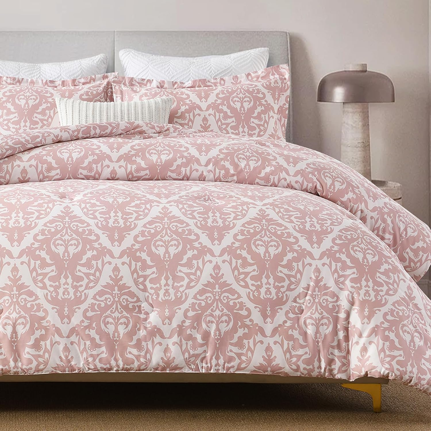 SahSahCasa Cotton Comforter Set Queen Size, Paisley Queen Comforter Bedding Set, Damask Floral Pattern Fluffy Quilted All-Season Luxury Soft Comforter Bed Set, Duvets and Down Alternative, 3pcs, Pink