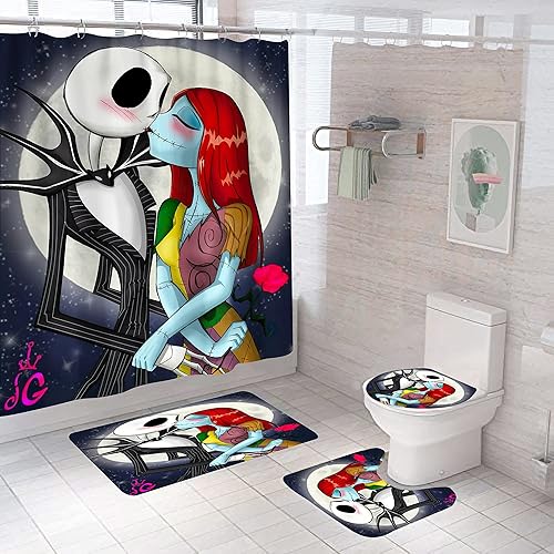 Miniatura 23 de DDS-DUDES Juego de 4 cortinas de ducha de Navidad para niños, decoración de Halloween con 12 ganchos de cortina para baño, impermeable, 71 x 71