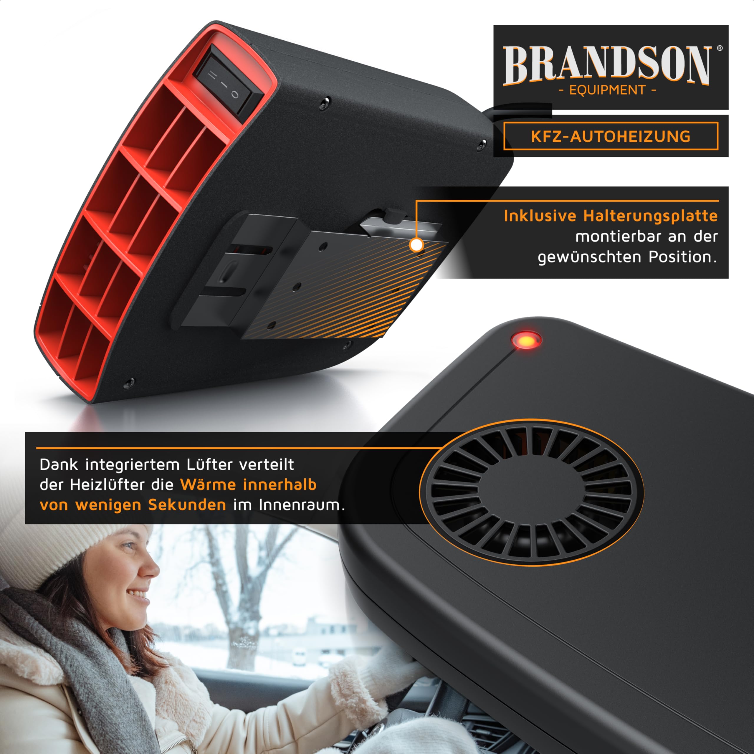 Brandson - Innenraumheizung - mobile Auto Heizung - PKW - Komfort Entfroster Standheizung Heizlüfter - 2 Heizlevel - 1450W - automatischer Überhitzungsschutz - transportabel