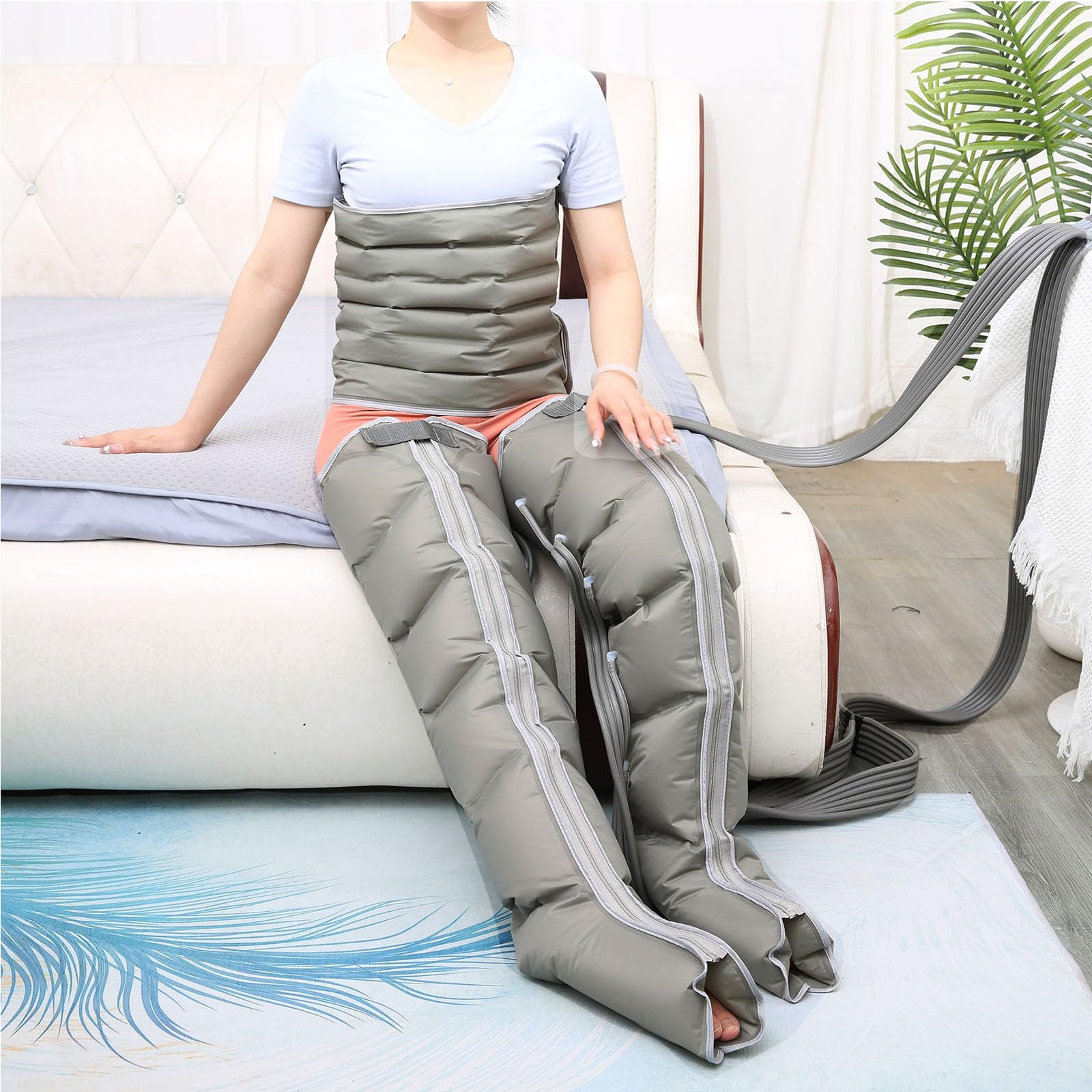 Botas Presoterapia Para Casa Abdomen Y Piernas, Maquina Presoterapia Pierna Y Abdomens Profesional, 6 Camaras Drenaje Linfatico Pierna Cansadas Circulacion (Gris, 2 Piernas + 1 Abdomen)