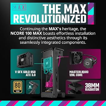 Cooler Master NCORE 100 MAX Mini-ITX PC Case Bundle Includes 850W 80 Plus Gold PSU PCIe 5.0 Power Supply, 120mm AIO Liquid Cooler & PCIe 4.0 Riser Cable, Premium Small Form Factor SFF Design