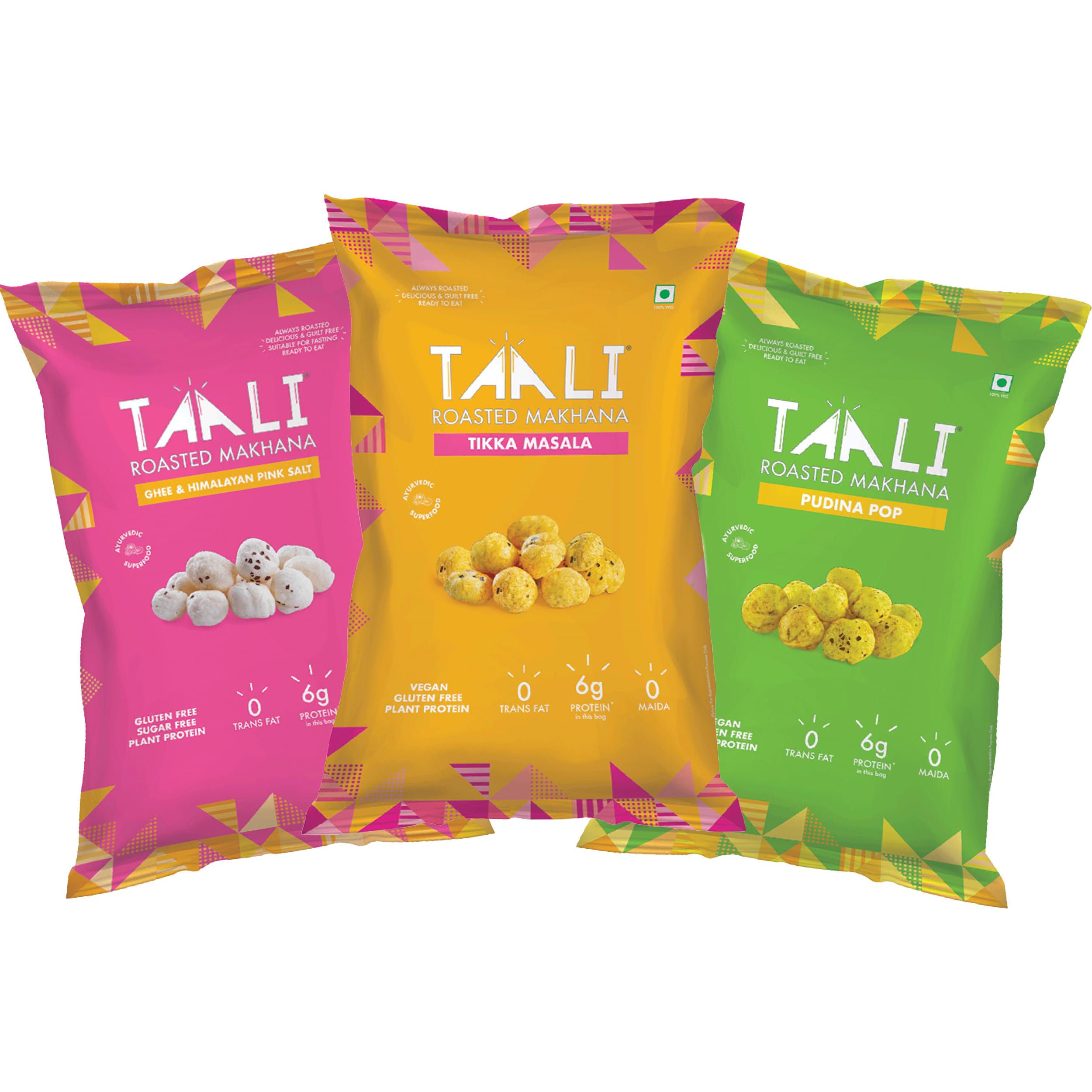 Taali Roasted Makhana | Combo Pack of 3, 60 g each | Ghee & Himalayan Pink Salt, Tikka Masala, Pudina Pop | 100% Vegetarian | The Ayurvedic Superfood | Gluten Free, No Cholesterol, No Trans-Fat (B0C1Z8K2J4) Amazon Price History, Amazon Price Tracker
