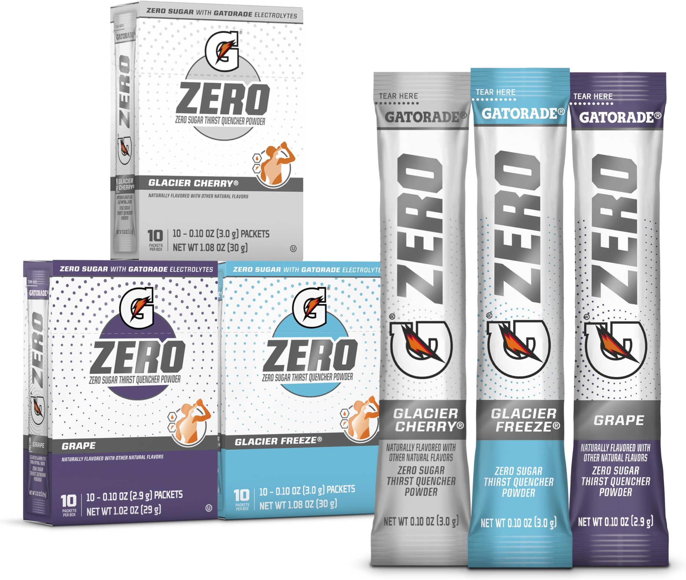 Gatorade G Zero Sports Drink Mix Powder Packets, 3 Flavor Frost Variety Pack, Electrolyte Powder Drink Mix for Hydration, Zero Sugar, 30 Total Packets