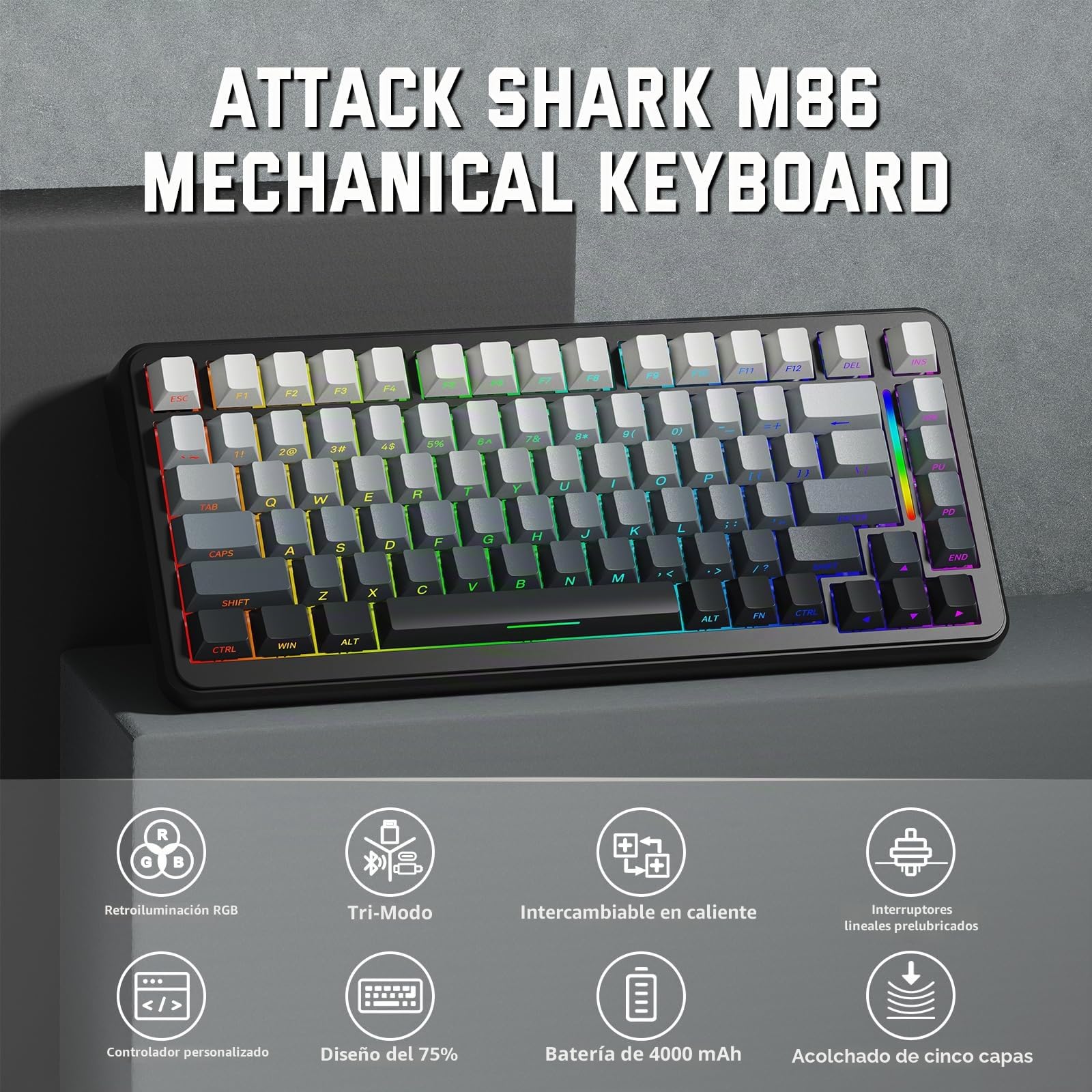 LexonElec X Attack Shark M86 Pro Teclado mecánico inalámbrico, BT/2.4G/con Cable, 4000 mAh, Hot-swappable, Interruptor Lineal, QWERTY, Teclado para Juegos RGB y Cable en Espiral. (Negro Degradado)