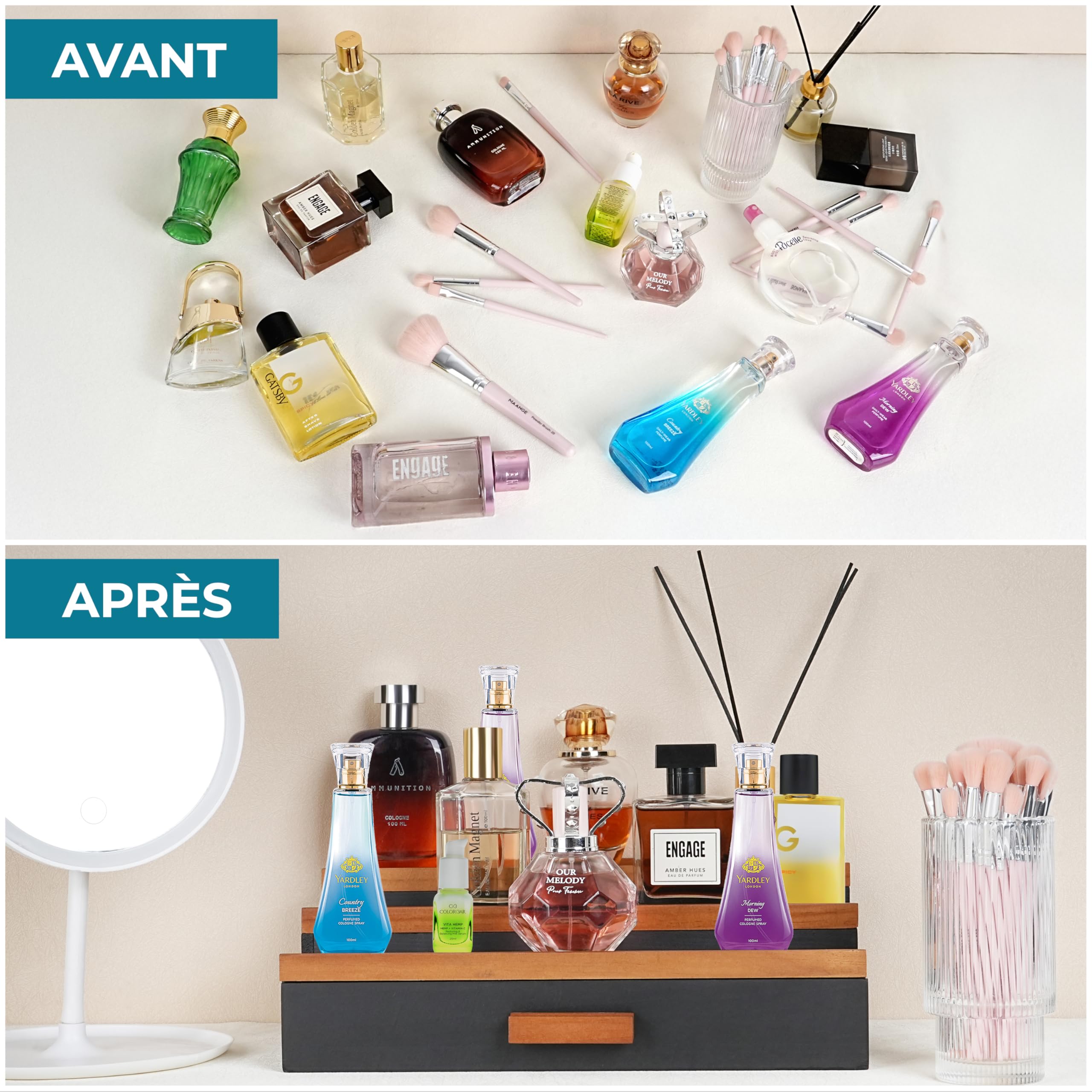 Winter Shore Presentoir Escalier en Bois avec Tiroir - Support Parfum avec Tiroir - Presentoir Parfum pour Hommes - Organisateur Coiffeuse - Rangement Parfum Organisateur à 3 Niveaux pour Comptoir