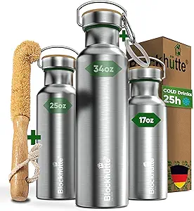 Blockhütte Vacuum Insulated Stainless Steel Water Bottle I 17 oz I Wide Mouth Metal Bottle for hot and cold drinks I BPA-Free I perfect for Travel, School I Kids, Adults, Water Canteen, Sports, flask