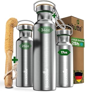 Blockhütte Vacuum Insulated Stainless Steel Water Bottle - 17 oz I Wide Mouth Metal Bottle for hot and cold drinks I BPA-Free I perfect for Travel, School I Kids, Adults, Water Canteen, Sports, flask