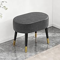 LITZFUR Grey PU Leather Vanity Stool - Retro Rivet Oval Ottoman Footrest, Makeup Chair with Hidden Storage & Metal Legs for Bathroom Bedroom
