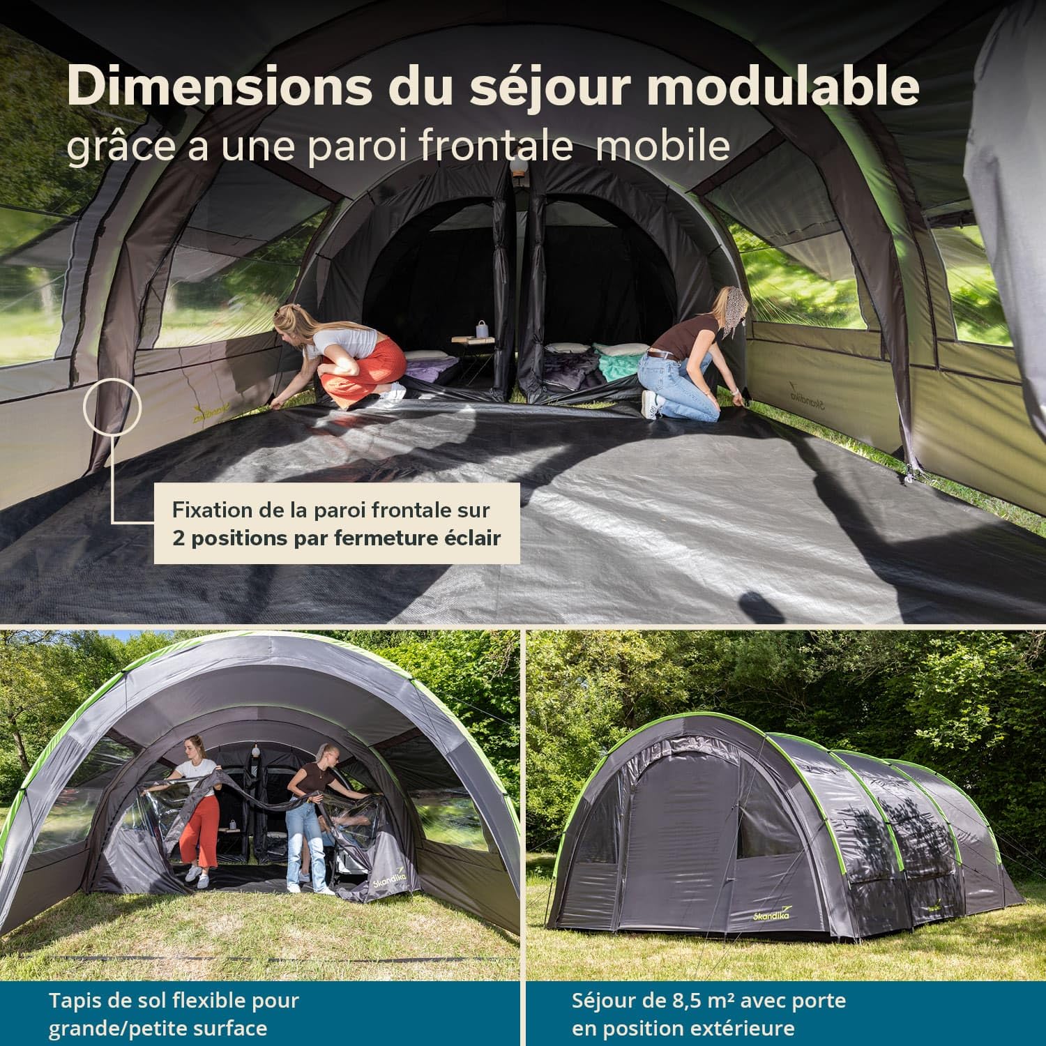 Skandika Tente tunnel Kemi pour 4 personnes | Tente de camping, 2 cabines de couchage, hauteur 2 m, 4 places, colonne d'eau 3000 mm, paroi frontale amovible, auvent | Tente de camping, tente familiale