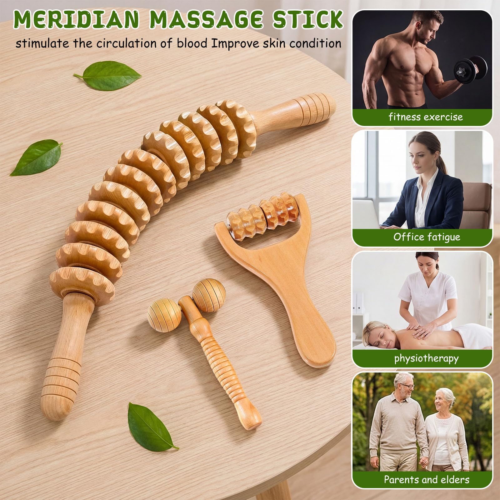 Lot de 3 Rouleaux de Massage en Bois pour Drainage Lymphatique et Anti Cellulite - Outil de Massage Fascia pour le Dos, le Cou, les Jambes - Détente Musculaire et Réduction de la Cellulite