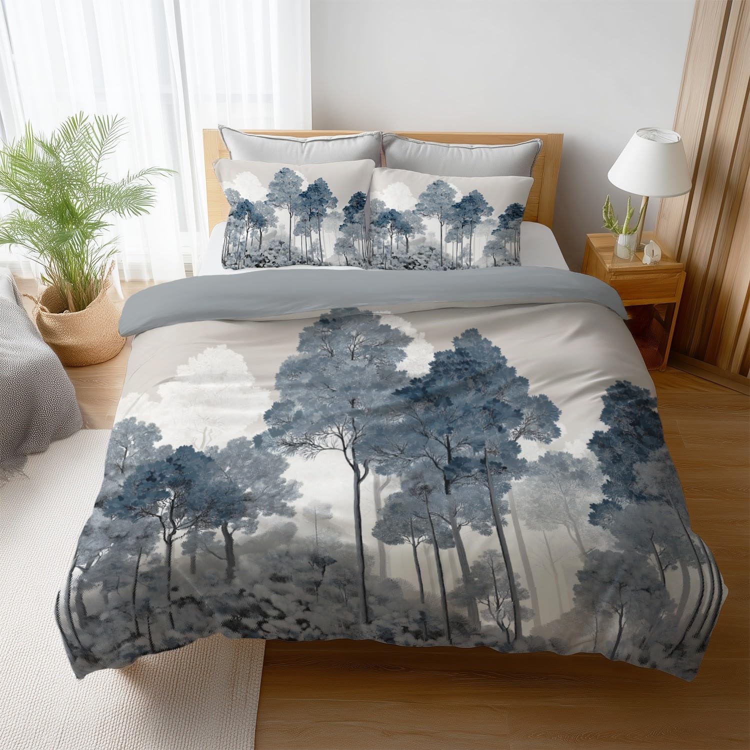 Housse de couette 240x260 cm gris bleu chinoiserie parure microfibre lit double
