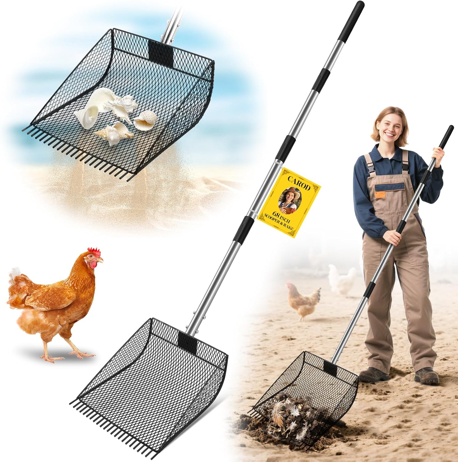 Upgraded 12-inch Chicken Poop Scooper Rake, Durable Metal Poop Scoop for Chicken with 24 to 68" Adjustable Stainless Steel Handle, Litter Scooper for Sand Sifting Shovel for Animals House