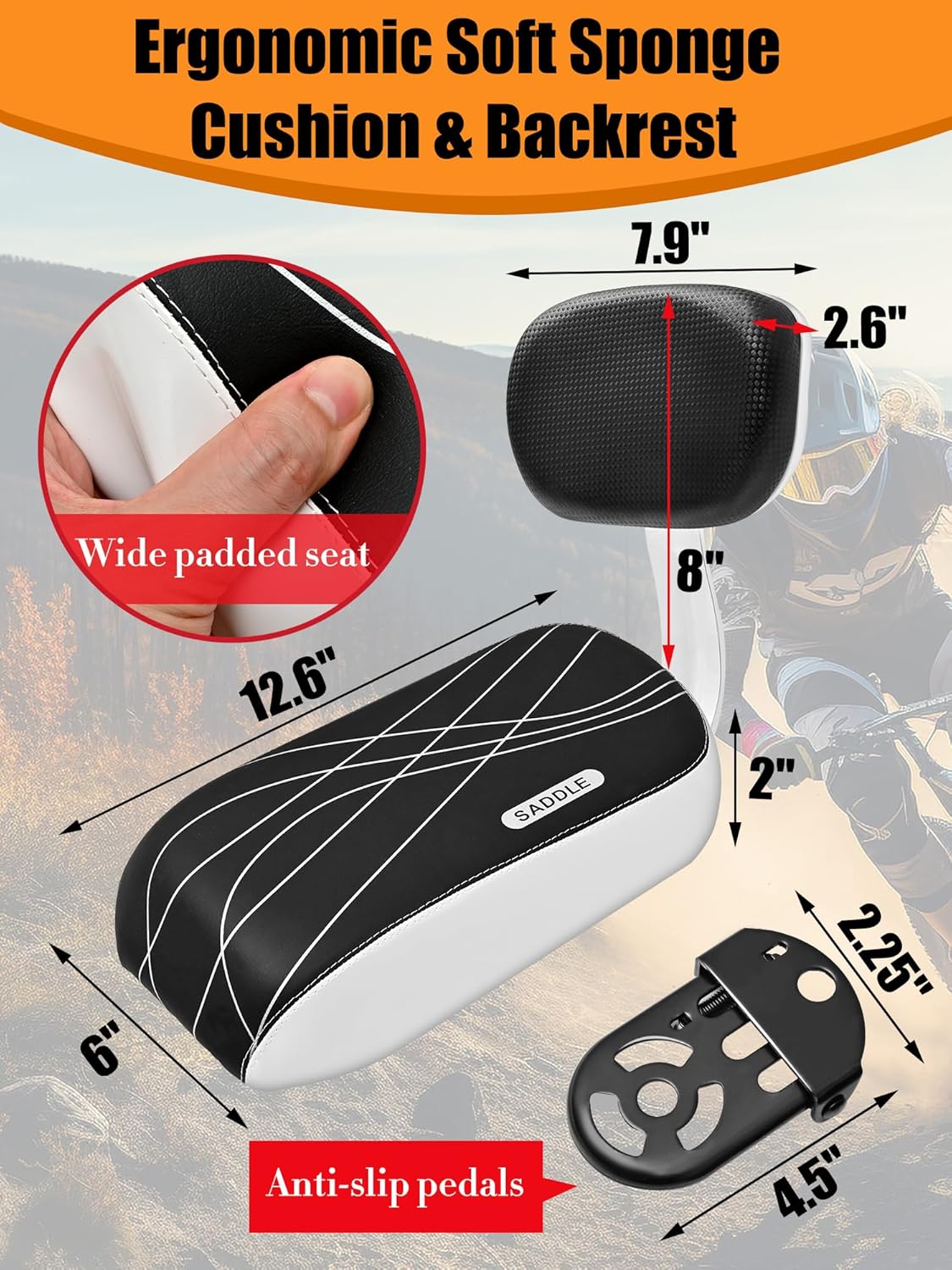 Kids Bike Seat Child Bike Rear Seat Bike Back Seat with Backrest Child Bicycle Rear Seat Bicycle Rear Seat Cushion Safety Armrest Handrail Feet Pedals Kids Bike Seat Carrier for Over 5 Years Old