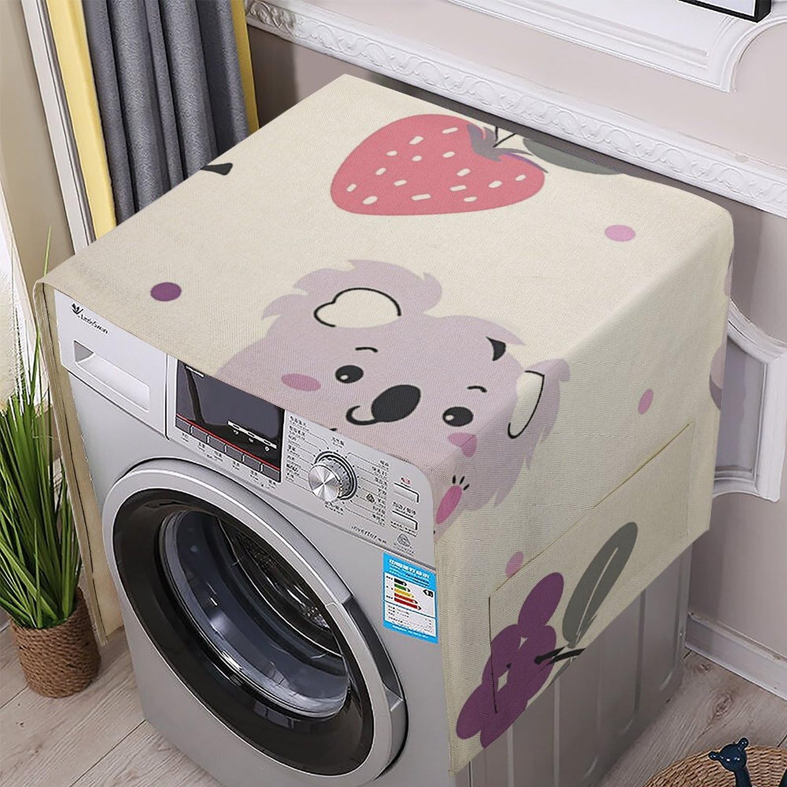 Fodpand White Washing Machine Cover For Top Load Dustproof Strawberries And Grapes Washer And Dryer Cover With Storage Pockets Household Appliance Covers Washable Top Protector Mat Pad For Laundry & Kitchen