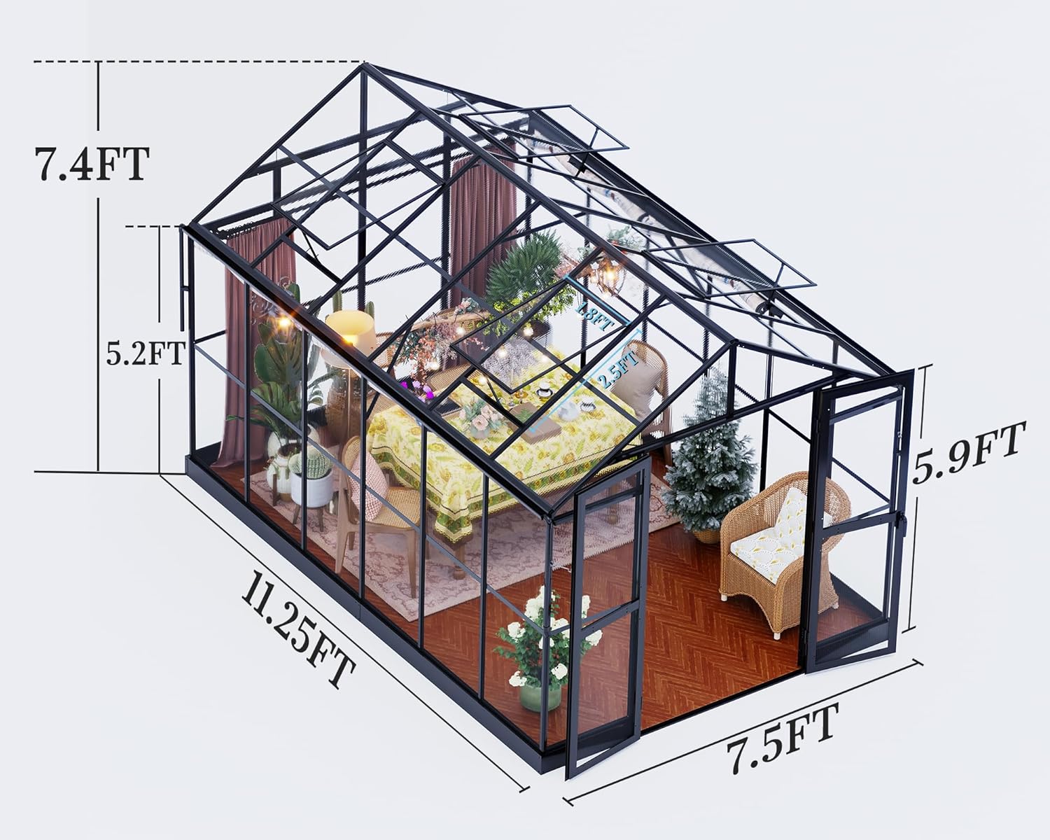 Jocisland 8x12x7.5 FT Greenhouse - Outdoor Aluminum Polycarbonate Greenhouse with Ventilation and Rain Gutter, 4 Swing Doors with Hook, Walk in Greenhouse for Outdoors Backyard Garden, Black