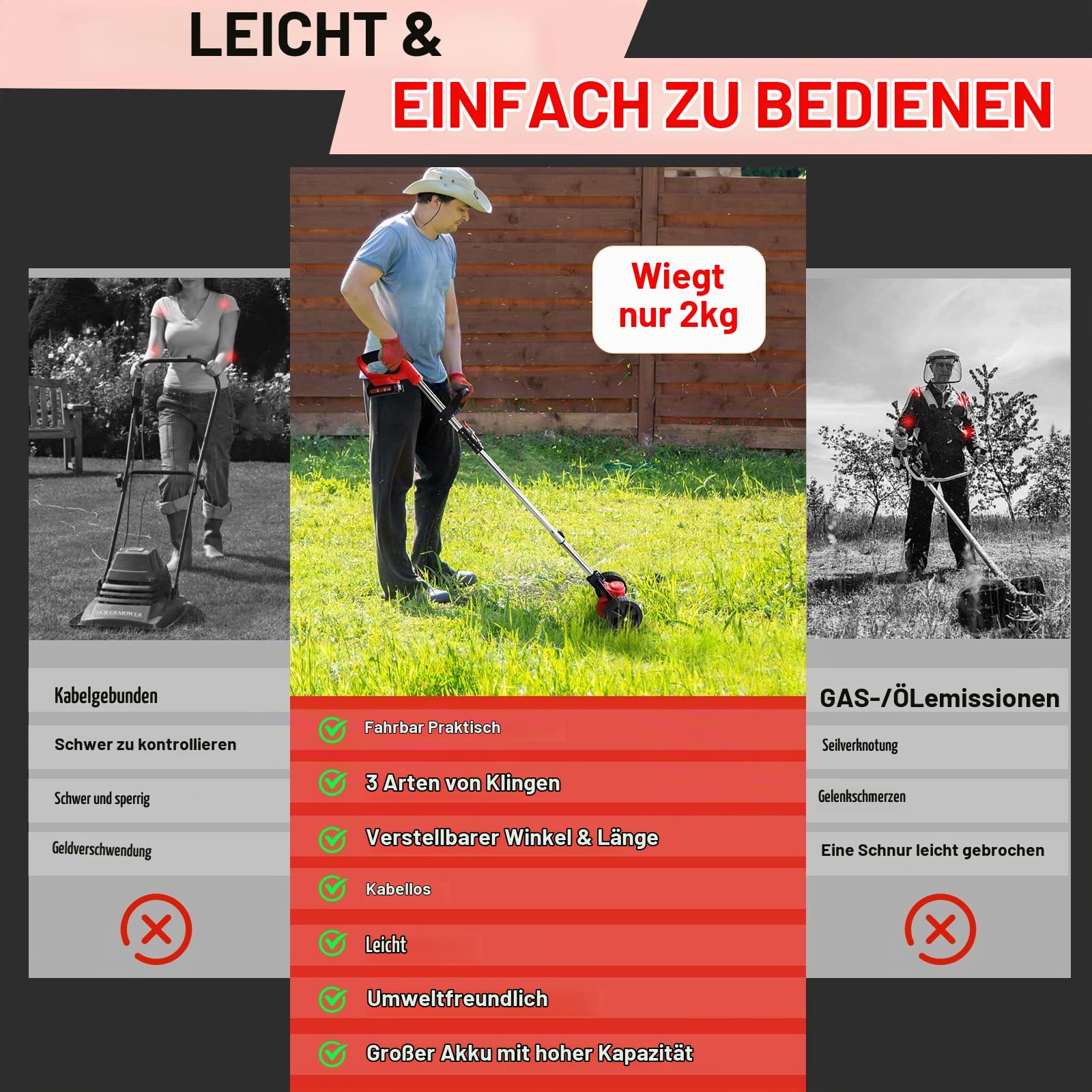 Rasentrimmer 21V, 2 Akkus, 3 Klingen & Teleskopstiel