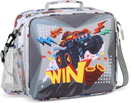 rockpapa Kids Lunch Bag for Kids with Strap, Waterproof, Stain & Oil-Resistant, Insulated LunchBag, Reusable Lunch Tote Bag Holds Lunch Box, Water Bottle & Snacks for School Grey Trucks