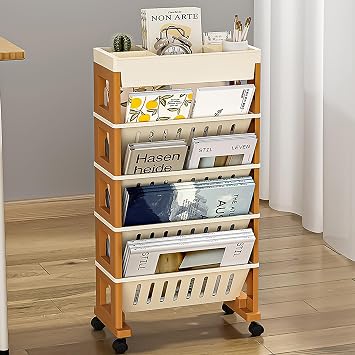 5 Tier Book Rack Storage Bookshelf, Mobile Bookshelf with Wheels, Removable Movable Unique Bookcase, Rolling Book Cart, Bookshelves for Students Study in Dorm Classroom Living Room SchoolCreamYellow