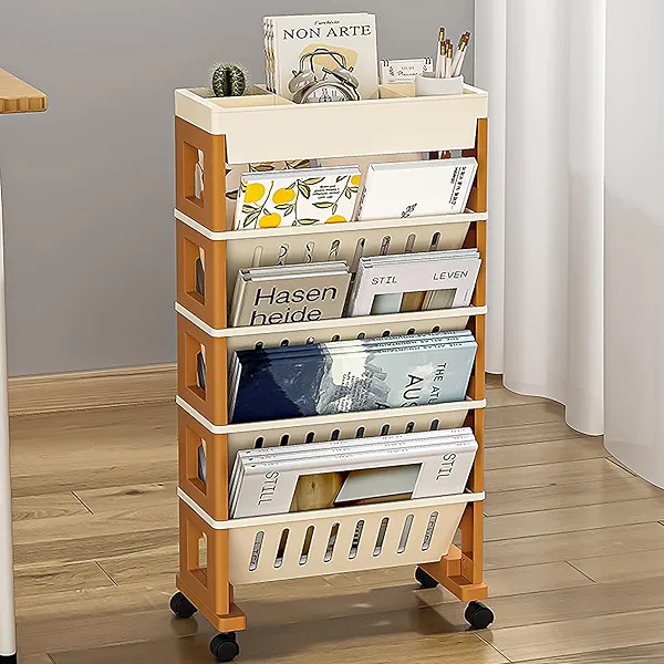 5 Tier Book Rack Storage Bookshelf, Mobile Bookshelf with Wheels, Removable Movable Unique Bookcase, Rolling Book Cart, Bookshelves for Students Study in Dorm Classroom Living Room School(CreamYellow)
