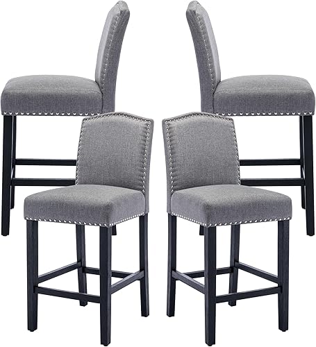 Juego de 4 taburetes de bar, taburetes de bar tapizados para isla de cocina con acogedor asiento de 26 pulgadas, patas de madera resistentes con