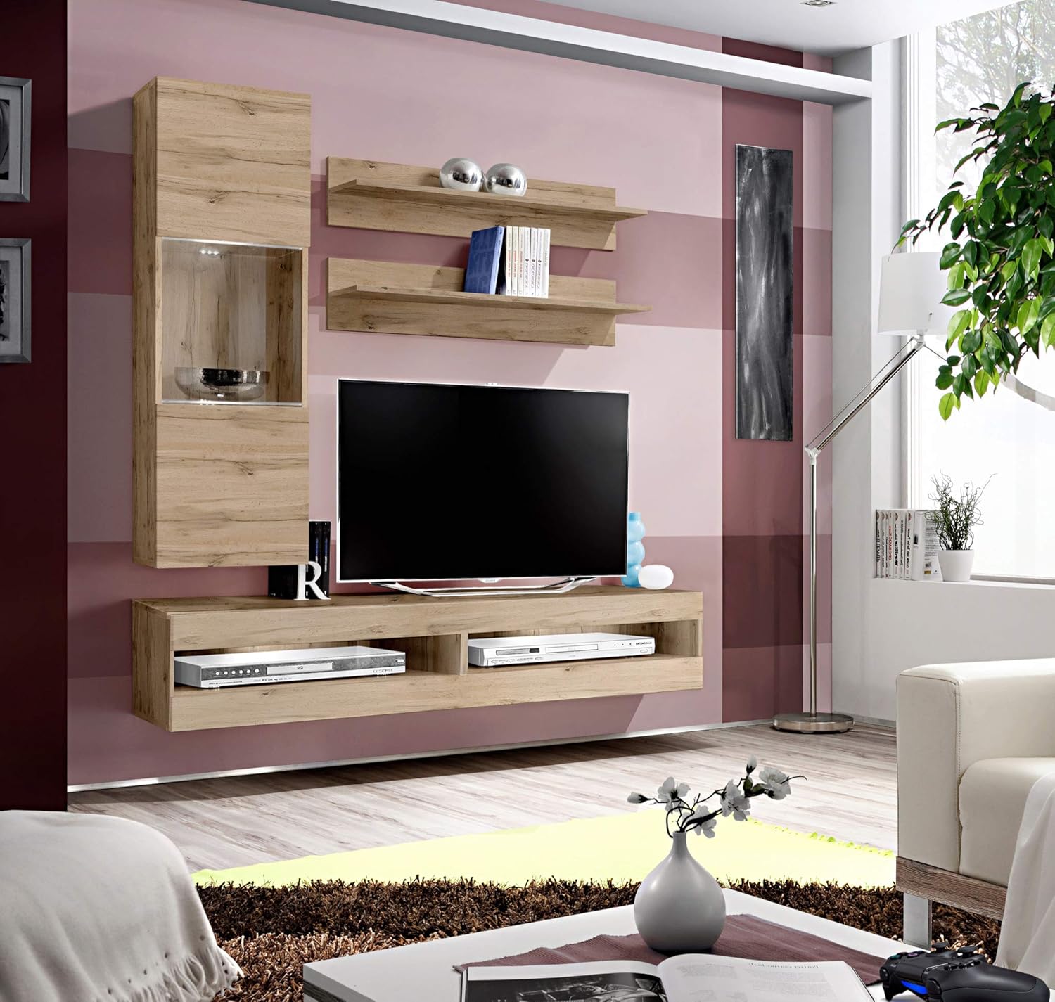 Meble Furniture Fly H3 34TV Stand Wall-Mounted Entertainment Center — Floating Storage Shelves and LED Lights — Modern High Gloss, 34 Inches — Oak