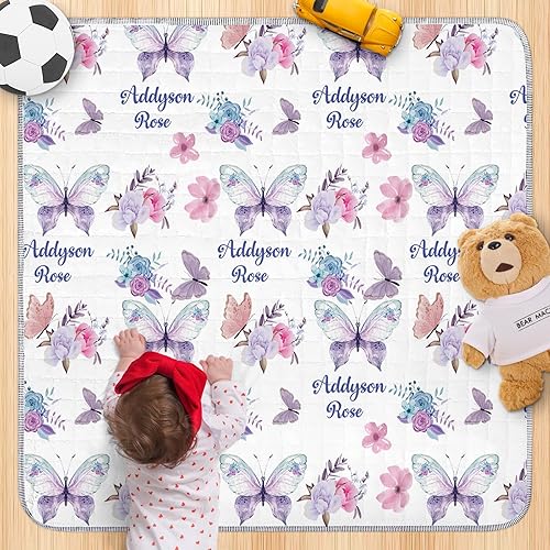 Tapete de juego para bebé con nombre personalizado, tapetes de juego suaves para piso, tapete de juego plegable impermeable con mariposa morada para