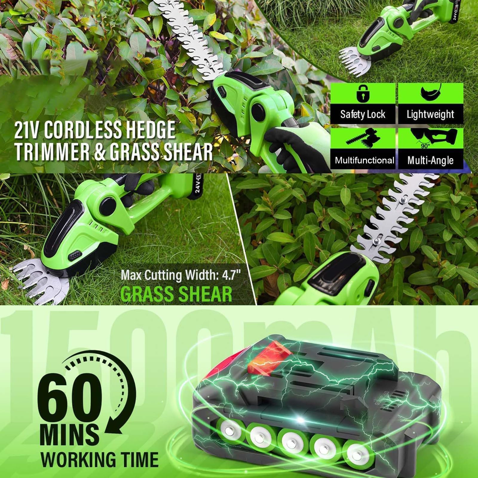 Cortasetos inalámbrico con cabezal giratorio de 90°, cortador de arbustos eléctrico de mano, incluye 2 baterías, ideal para jardín y cuidado del césped, diseño ligero