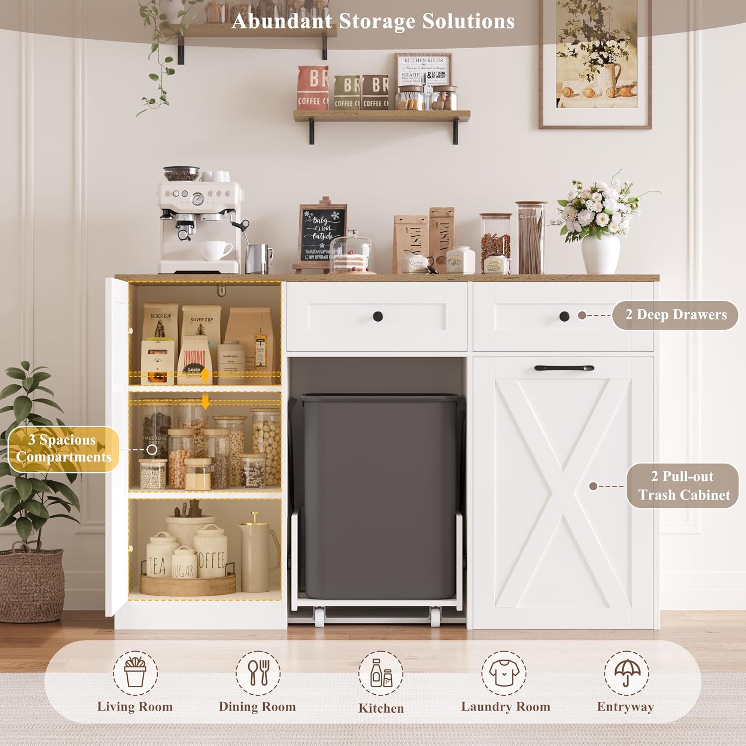 HOSTACK 12.5 Gallon Kitchen Trash Cabinet, 47" Double Trash Can Cabinet, Large Pull Out Can Storage Drawers, Wood Farmhouse Hidden Garbage Storage Buffet for Kitchen, Dining Room, White