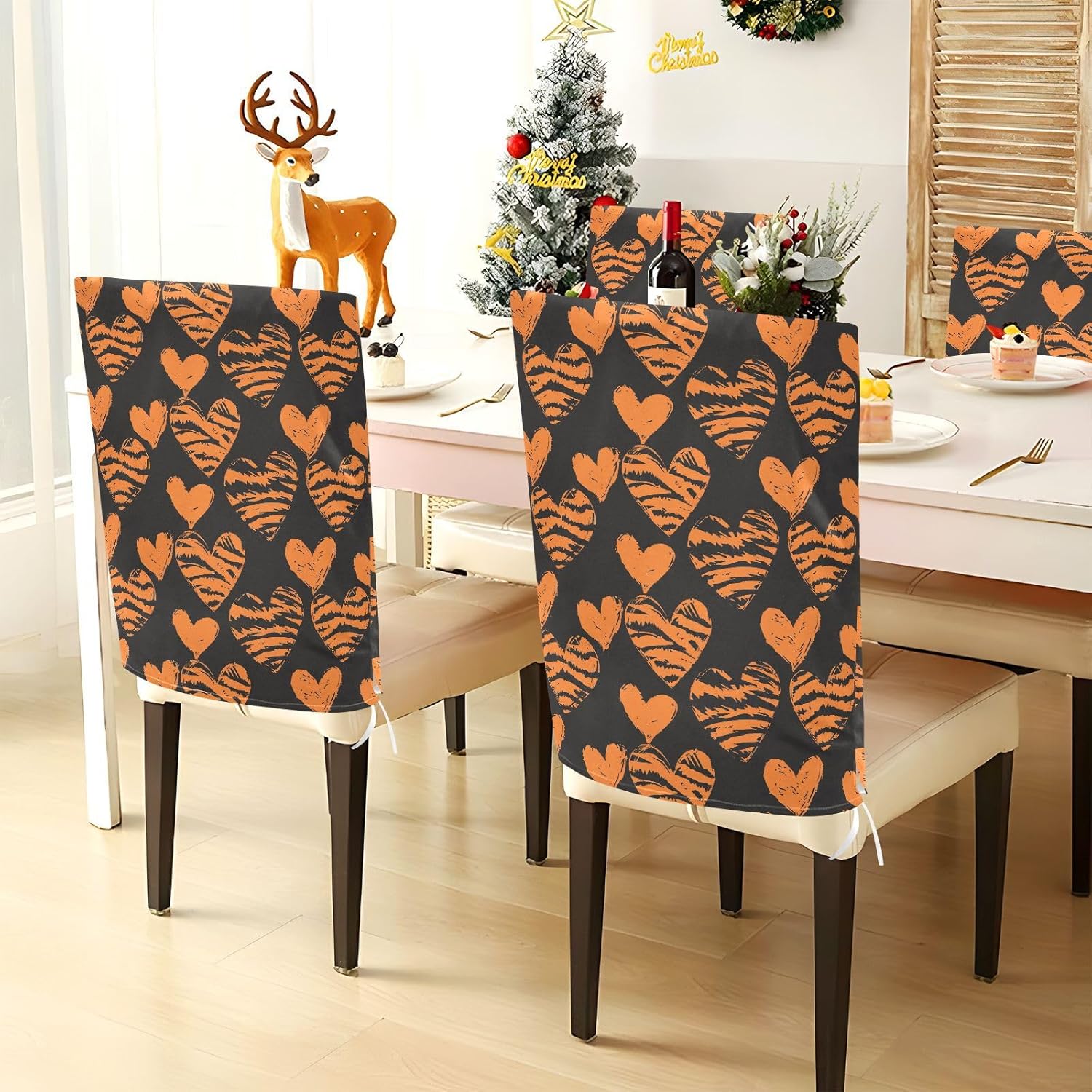 ALAZA Tiger Stripes Hearts Chair Back Cover Set of 6, Washable Reusable Removable Chair Slipcovers Decorative Chair Cover for Home Kitchen Wedding Party