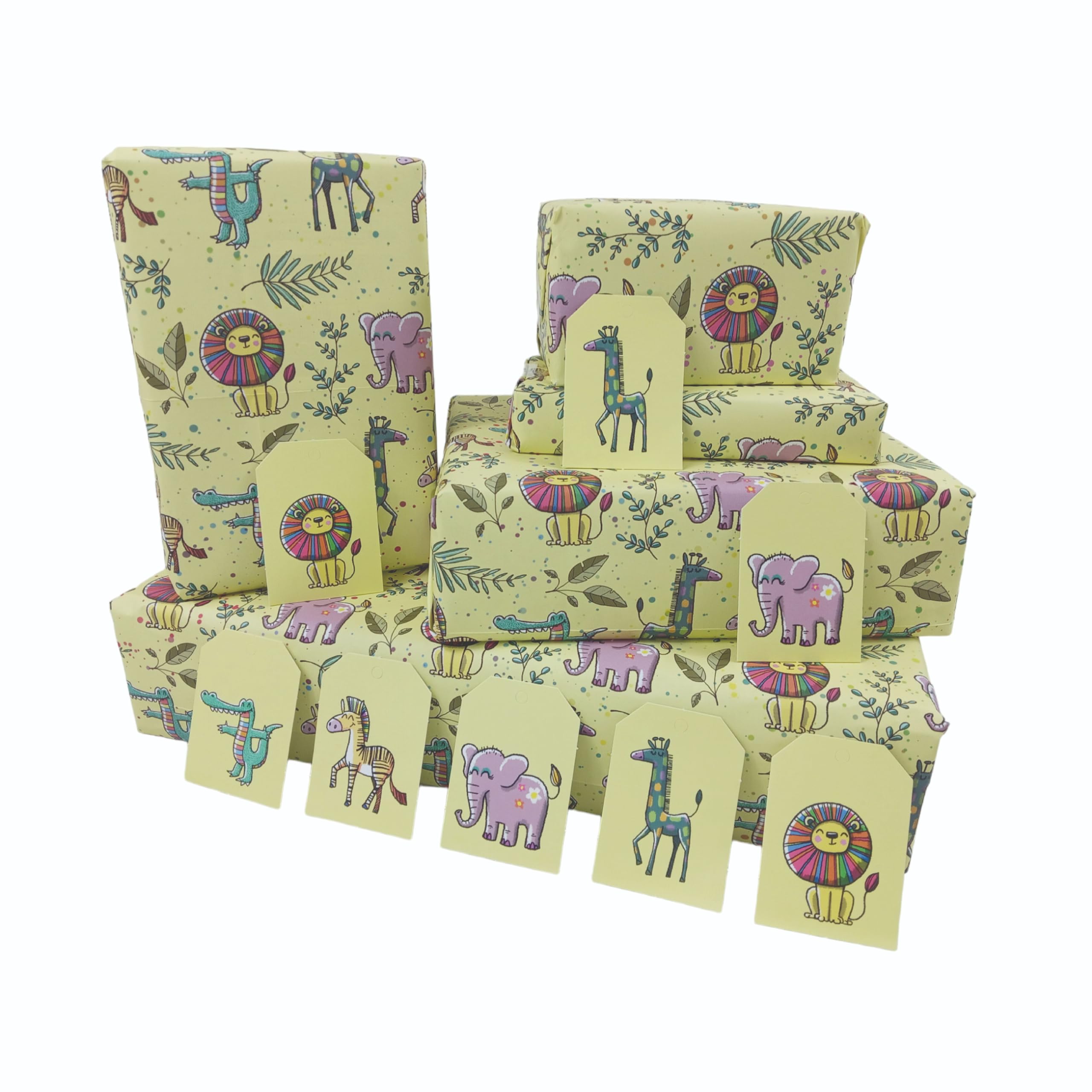 Safari Wrapping Paper Sheets x 5, plus 8 Gift Tags - 100% Recyclable - Eco Friendly Gift Wrap - Zoo Animal Wrapping Paper - Wildlife includes lions, elephants, crocodiles, giraffes & zebras