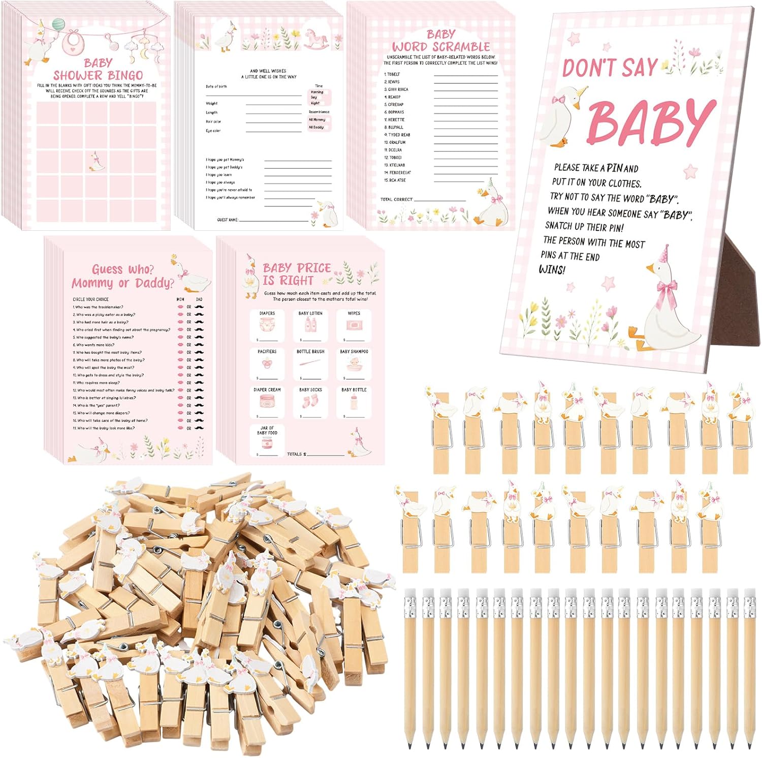 321 Pcs Silly Goose Shower Games Don't Say Baby Shower Game Supplies 5 Sets Activities Cards 20 Pencils 1 Don't Say Sign 50 Clothespin Price Is Right Description Word Scramble for Party