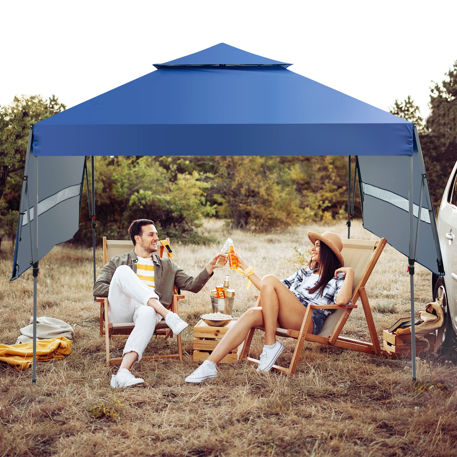 GOPLUS Carpa Plegable 3x3 Impermeable, Cenador con 2 Toldos Laterales Extensibles y Altura Ajustable, Carpa para Exteriores con Ruedas y Bolsa Portátil, UV50+, para Camping, Mercado (Azul)