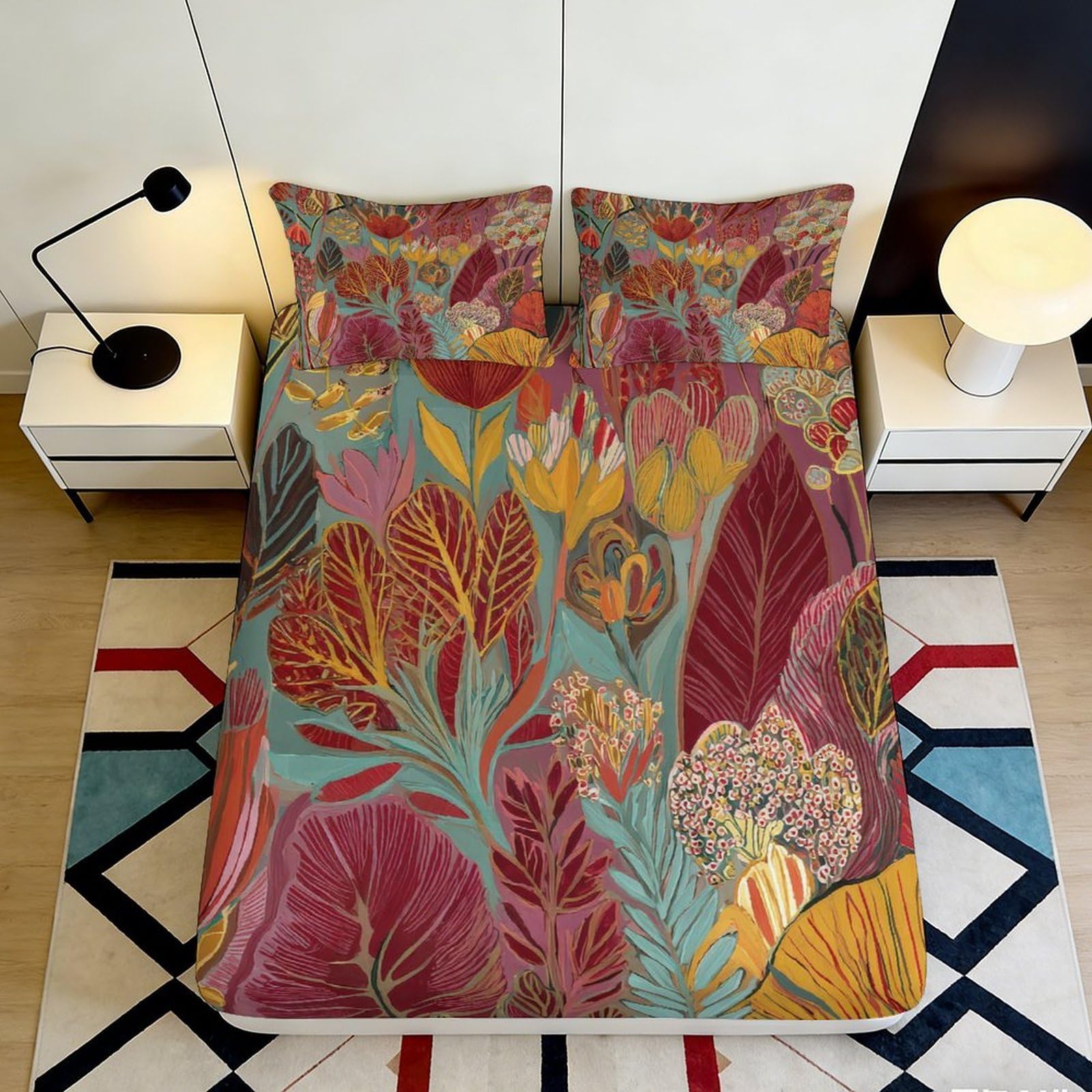3D Printed Vibrant Botanical Fitted Sheet Microfiber Soft Floral Mattress Cover for Bedroom Guest Room Dorm Decor 90x200x25cm