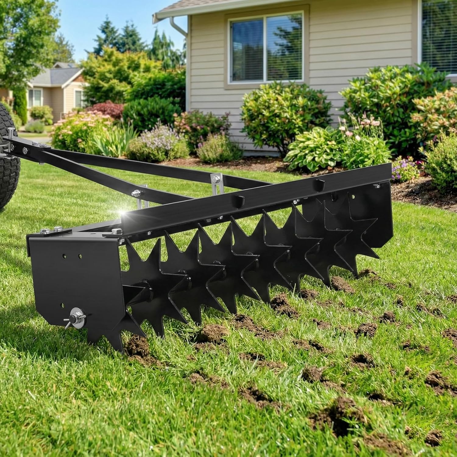 36 Inch Tow Behind Spike Aerator, 400 LBS Lawn Aerator, Yard Aerator with Heat-Treated Steel Tiness, Spike Aerator Tow Behind with 3'' Deep Soil Aeration, for Lawn,Yard and Garden, Black