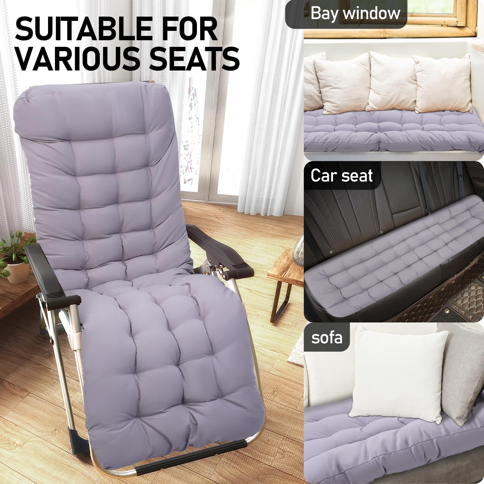 Zyncove Coussin pour Chaise Longue de Jardin, Coussin Bain de Soleil, 170 x 53 x 8 cm, Confortable & Durable idéal pour Coussin de Chaise Longue, Coussin de canapé. (Gris)