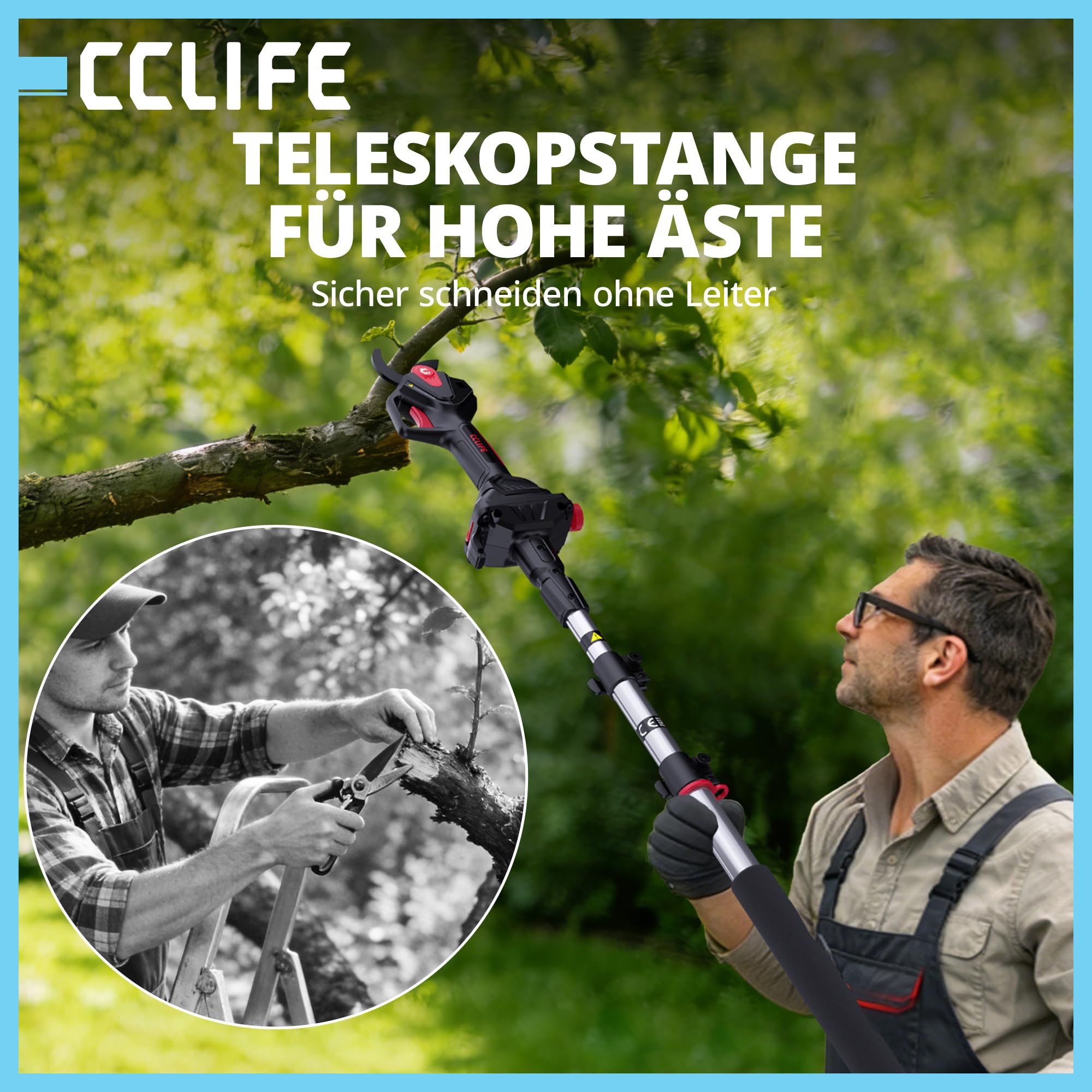 CCLIFE Akku Astschere 2-in-1 Set mit 2M Teleskopstange bis 40mm Schnittdurchmesser Kompatibel mit Makita 18V/20V (ohne Akku)