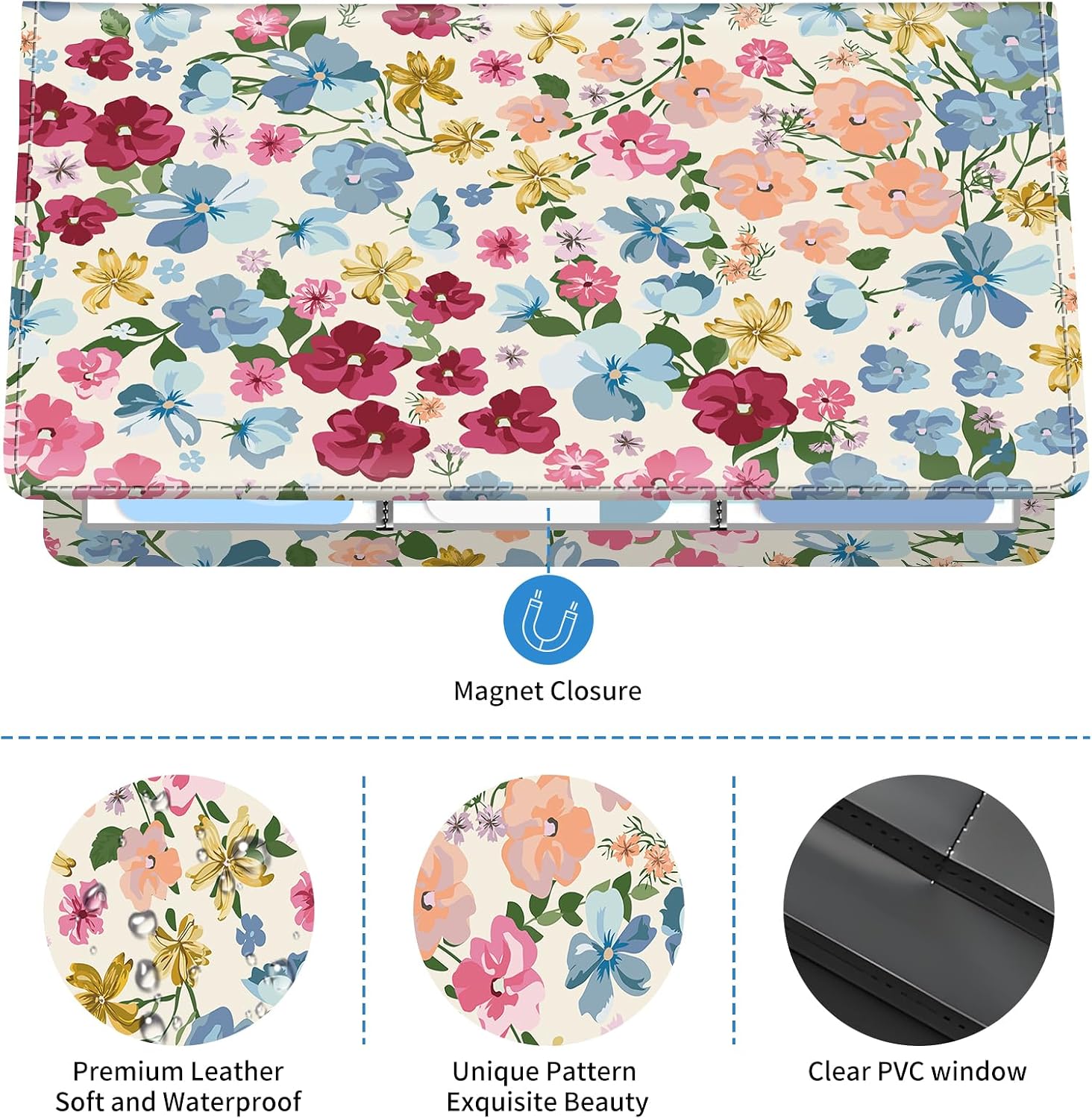 Leather Car Registration and Insurance Holder, Premium Vehicle Glove Box Car Organizer with Magnetic Shut, Cute Interior Car Accessories Colorful Flower image 3