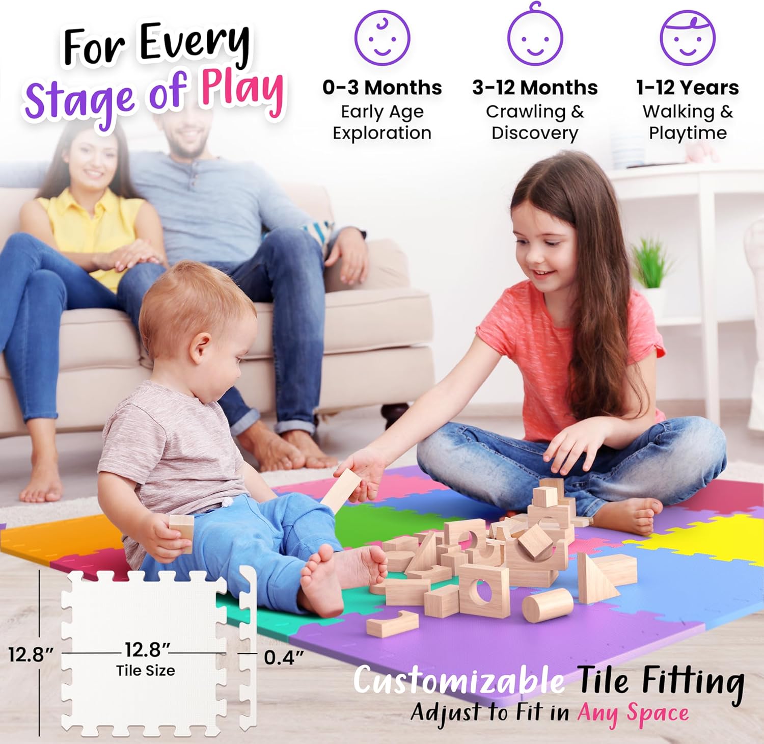 16 Tiles with Borders | 12" x 12" Baby Play Mat Foam Puzzle Floor Tiles | Non-Toxic Soft Waterproof Interlocking EVA Playmat for Nursery Playroom Playpen Toddler Tummy Mat