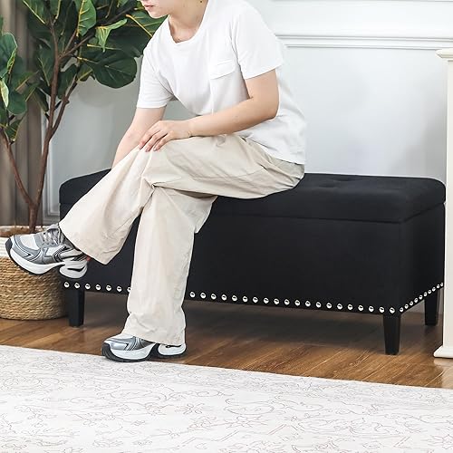 Miniatura 6 de Joveco Banco otomano de almacenamiento, taburete rectangular copetudo, mesa de centro para sala de estar y dormitorio (hojas)