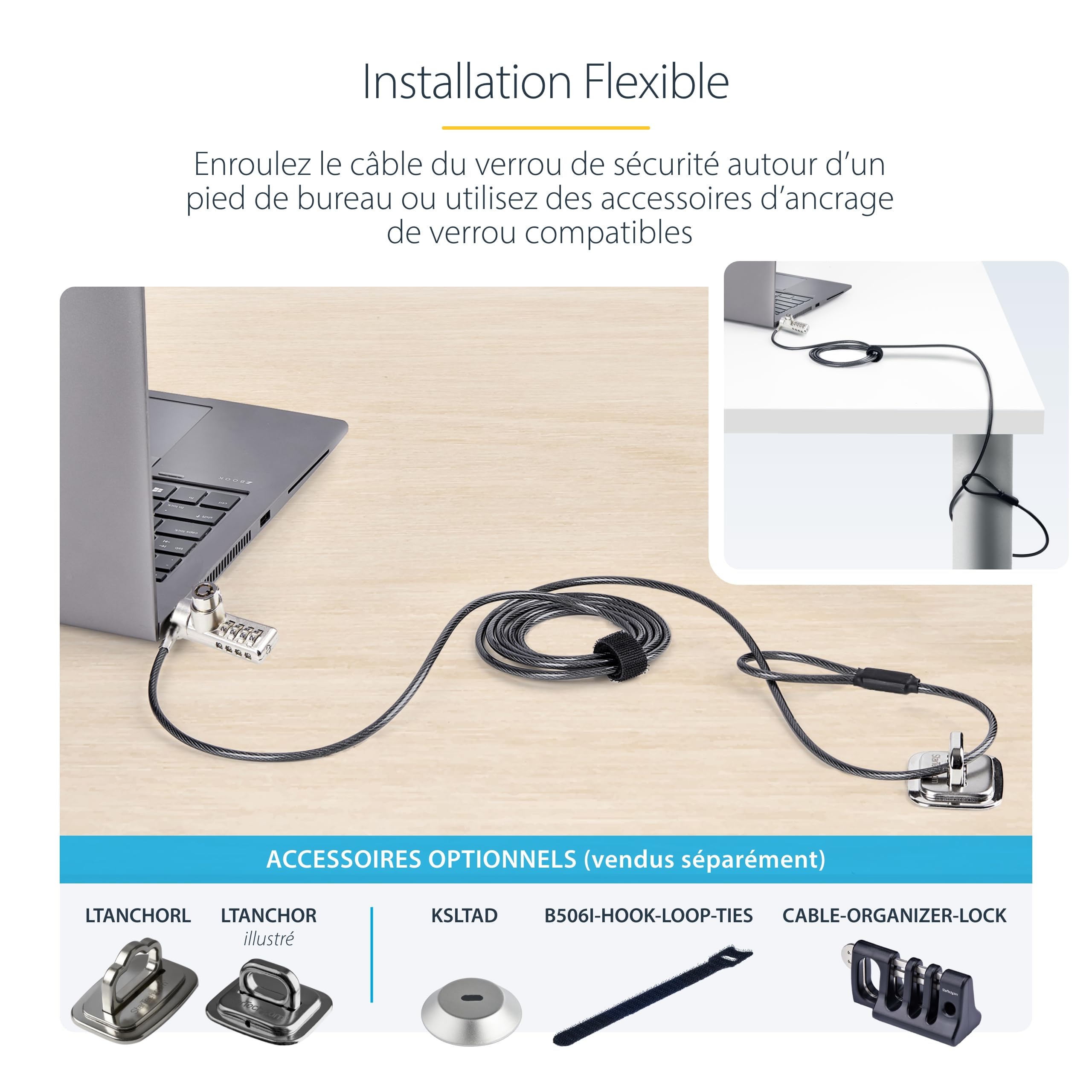 StarTech Antivol à Double Accès pour PC, 2m, K-Slot, Lot de 10 | Clé/combinaison, Clés identiques pour admin IT, Acier gainé vinyle anti-coupure, Testé à 200, 4kg