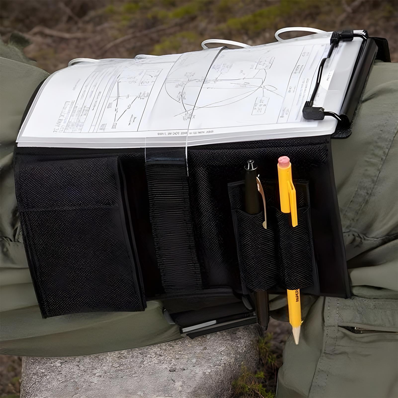 Aviation Pilot - Genouillère avec sangle de jambe - Noir - 7 fentes - Pour le genou - Porte-bloc - 20,5 x 34 cm - Tissu Oxford et polypropylène - Pour manuels, graphiques, cartes, documents