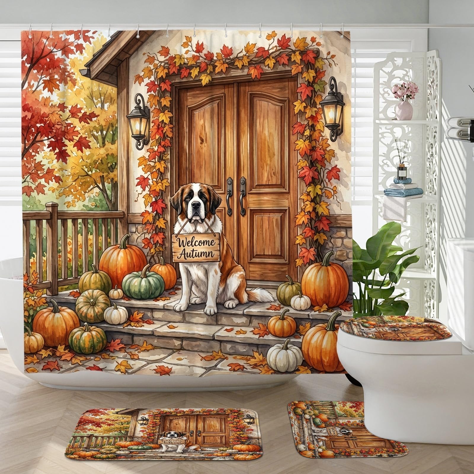 Décoration salle de bain ferme d'automne avec tapis en U et motif Saint-Bernard