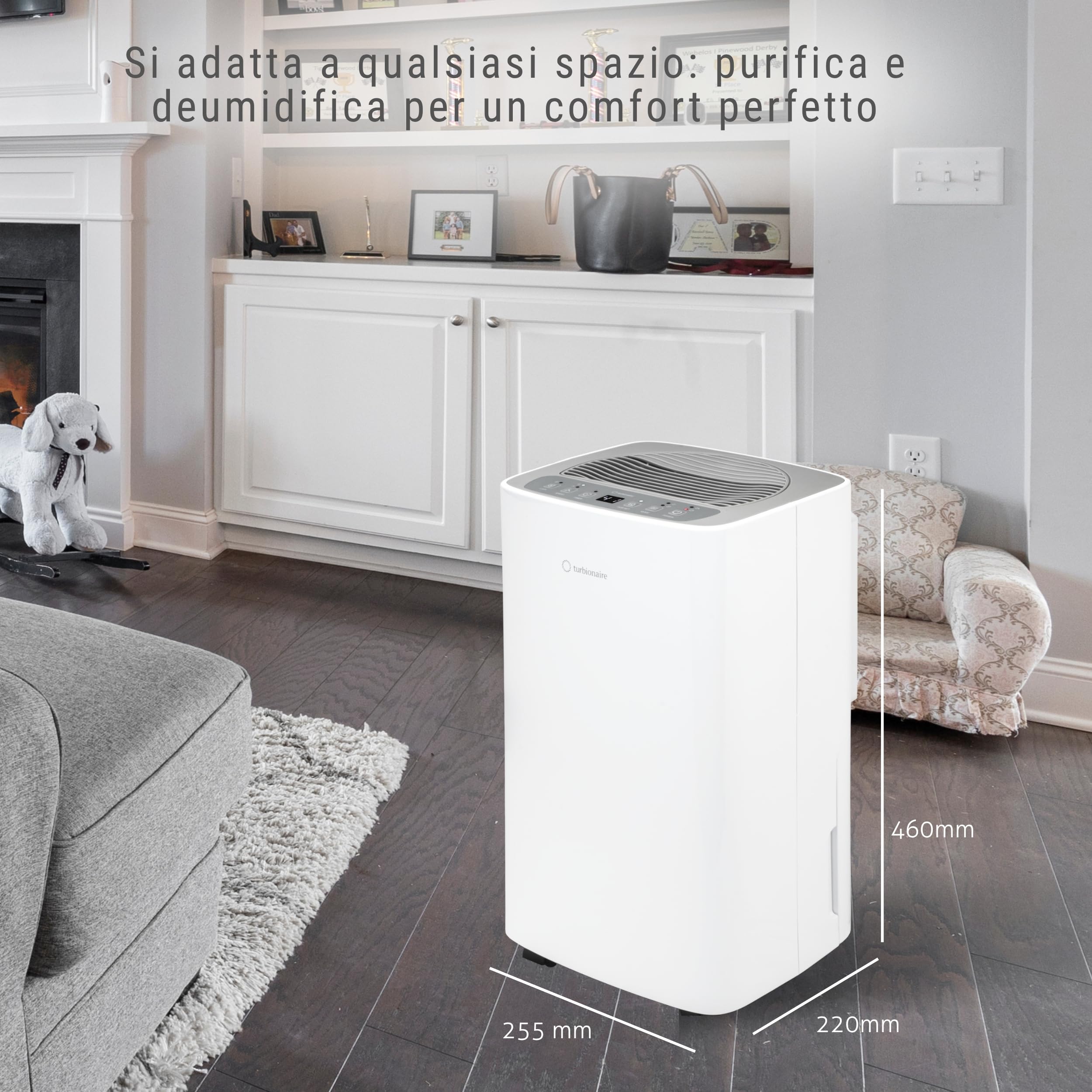 Turbionaire SENSO 12 SG Clean Deumidificatore e Purificatore 2 in 1, 12L/24h, Filtro HEPA + Carbone, Poco rumoroso, Tanica da 2L, LED, Timer, Adatto fino a 22m², Casa Muffa, Modalità dryer