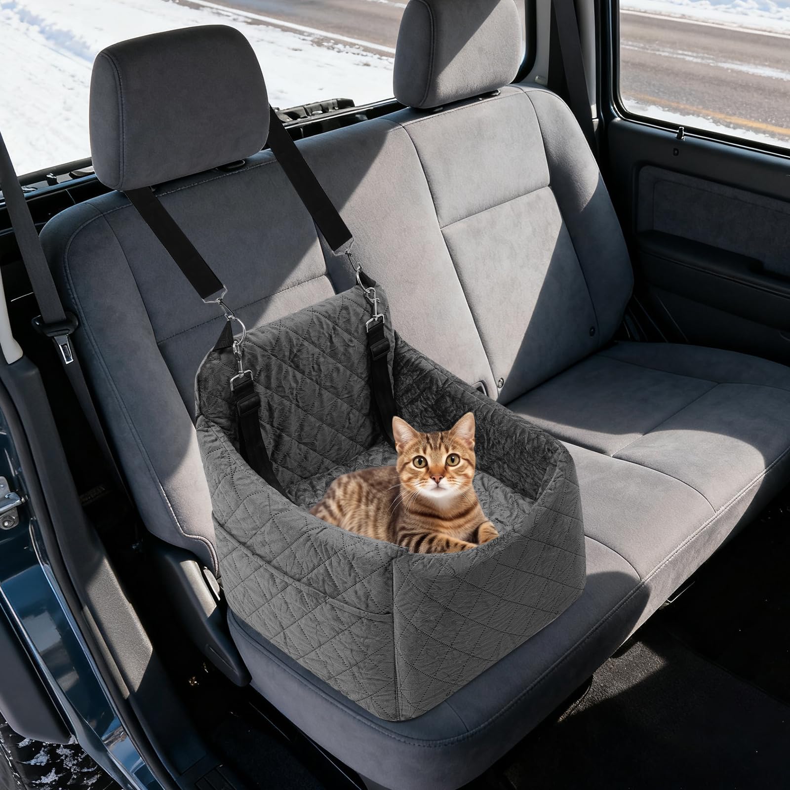 Asiento de coche para perros pequeños/medianos de menos de 15 kg, asiento de coche para mascotas desmontable y lavable, con 3 cinturones de seguridad y acolchado, cama para perro, color gris