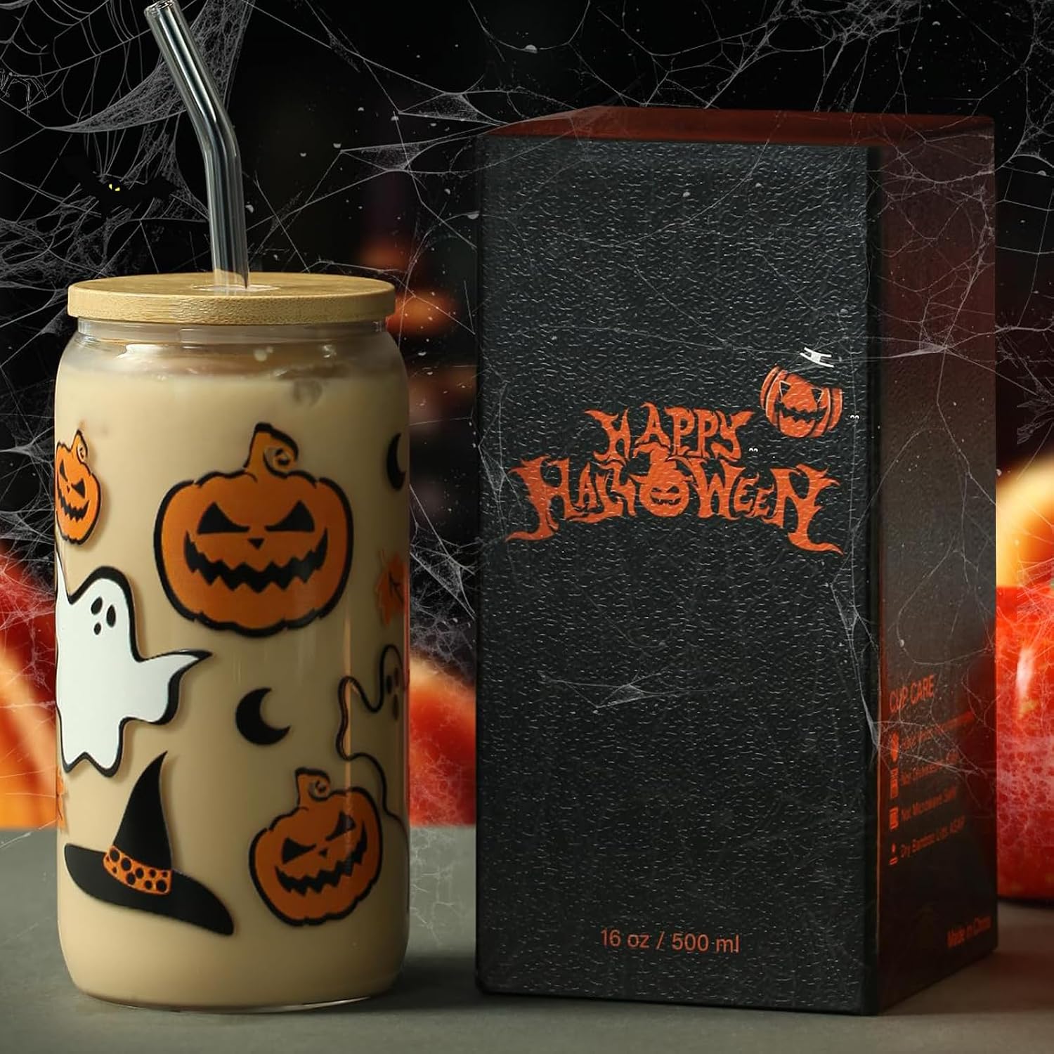 KMCCUMBER Halloween Pumpkin Ghost Glass Cup with Lid Straw Gifts for Women