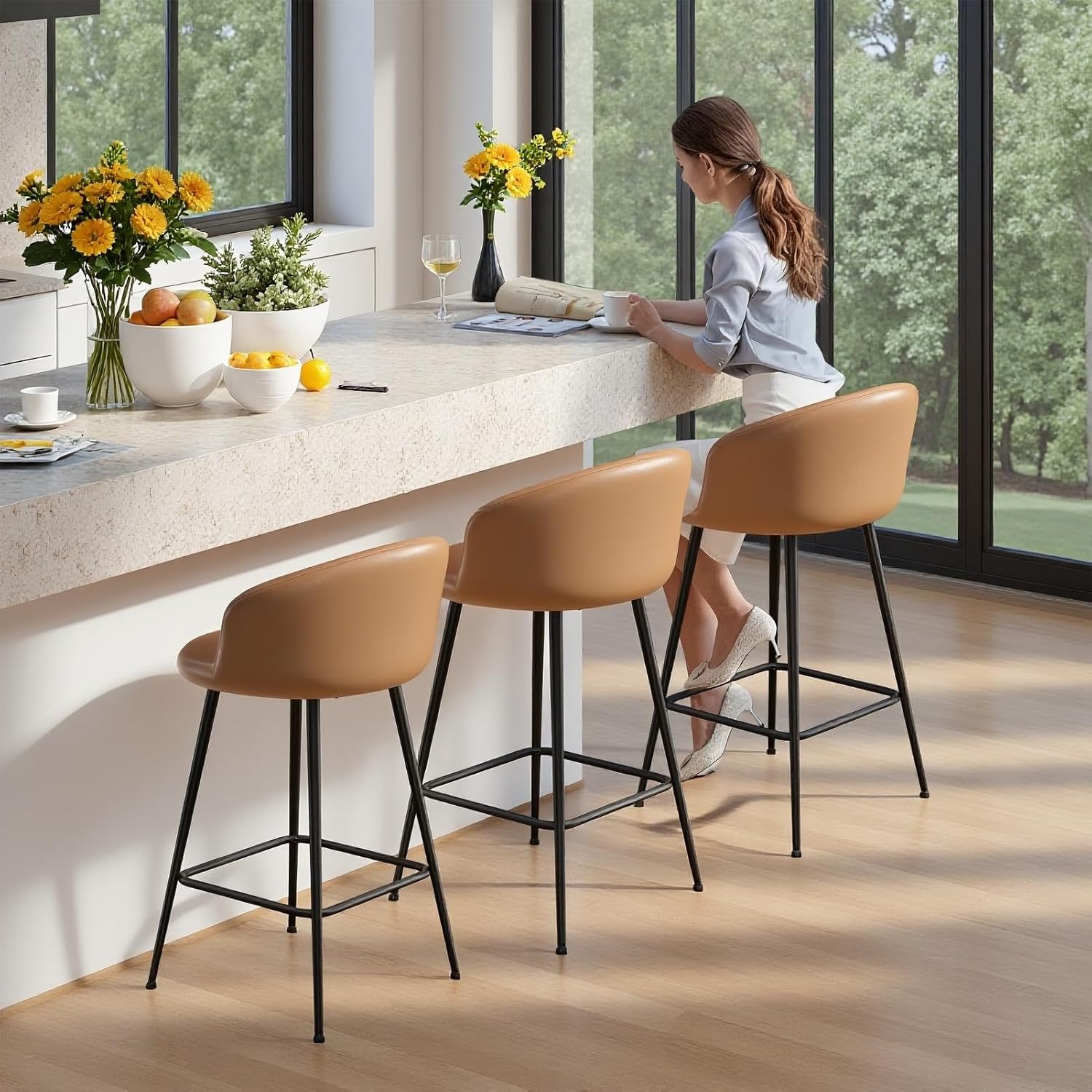 Counter Height Bar Stools Set of 4, 24 inch Bar Stools with Soft Backrest, Leather Upholstered Barstools for Kitchen Island, Brown