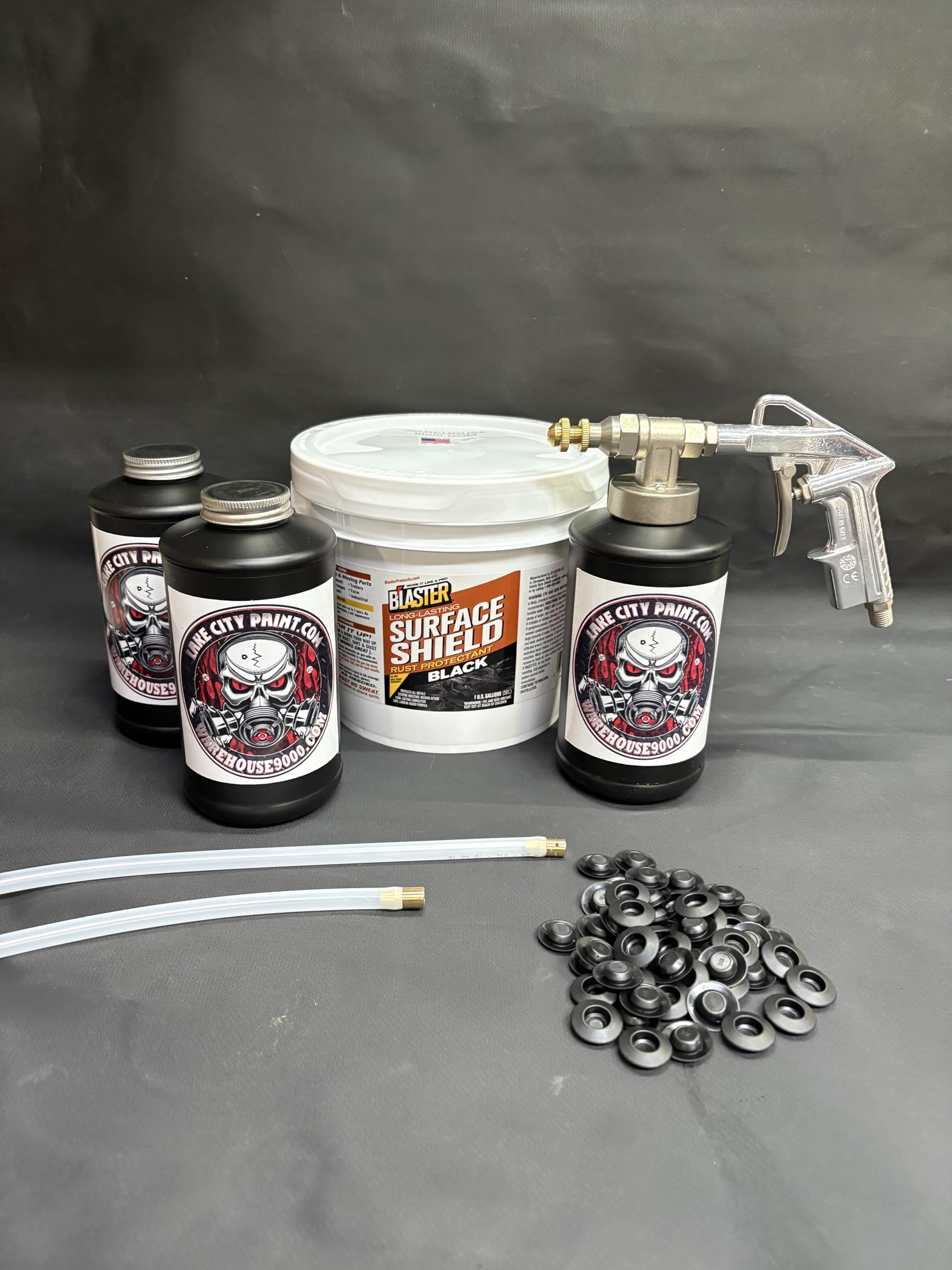 Gallon Black PB Blaster Surface Shield, with Pro Undercoating Spray Gun, 2 Wands, 3 Quart Bottles, and 50 Rust Plugs