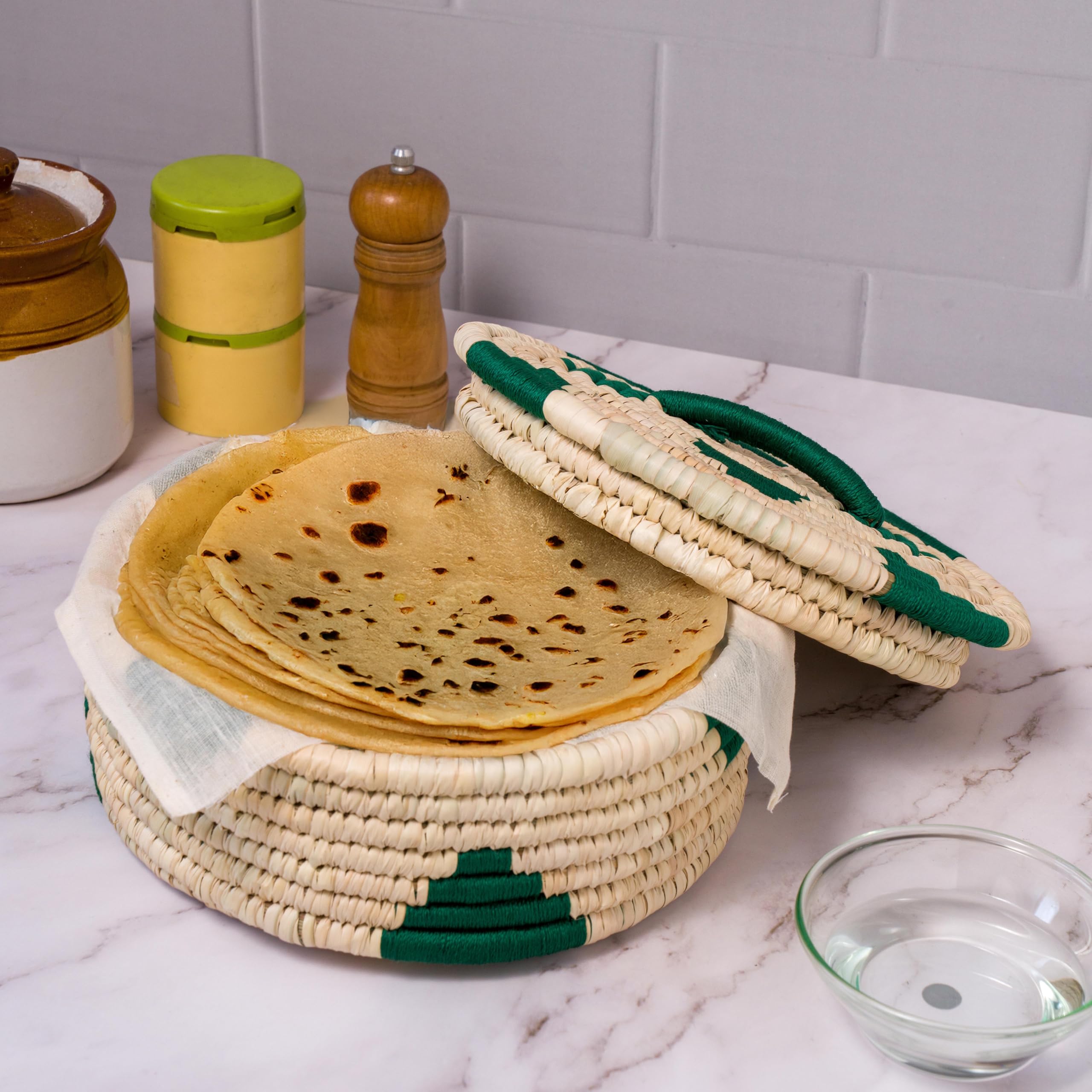 Bhumee Creations Handmade Sabai Grass Box for Roti/Chapati/Paratha/Dry Fruits | Kitchen Decor Cum Utility (Green Triangle) | 23 * 23 * 8 cm