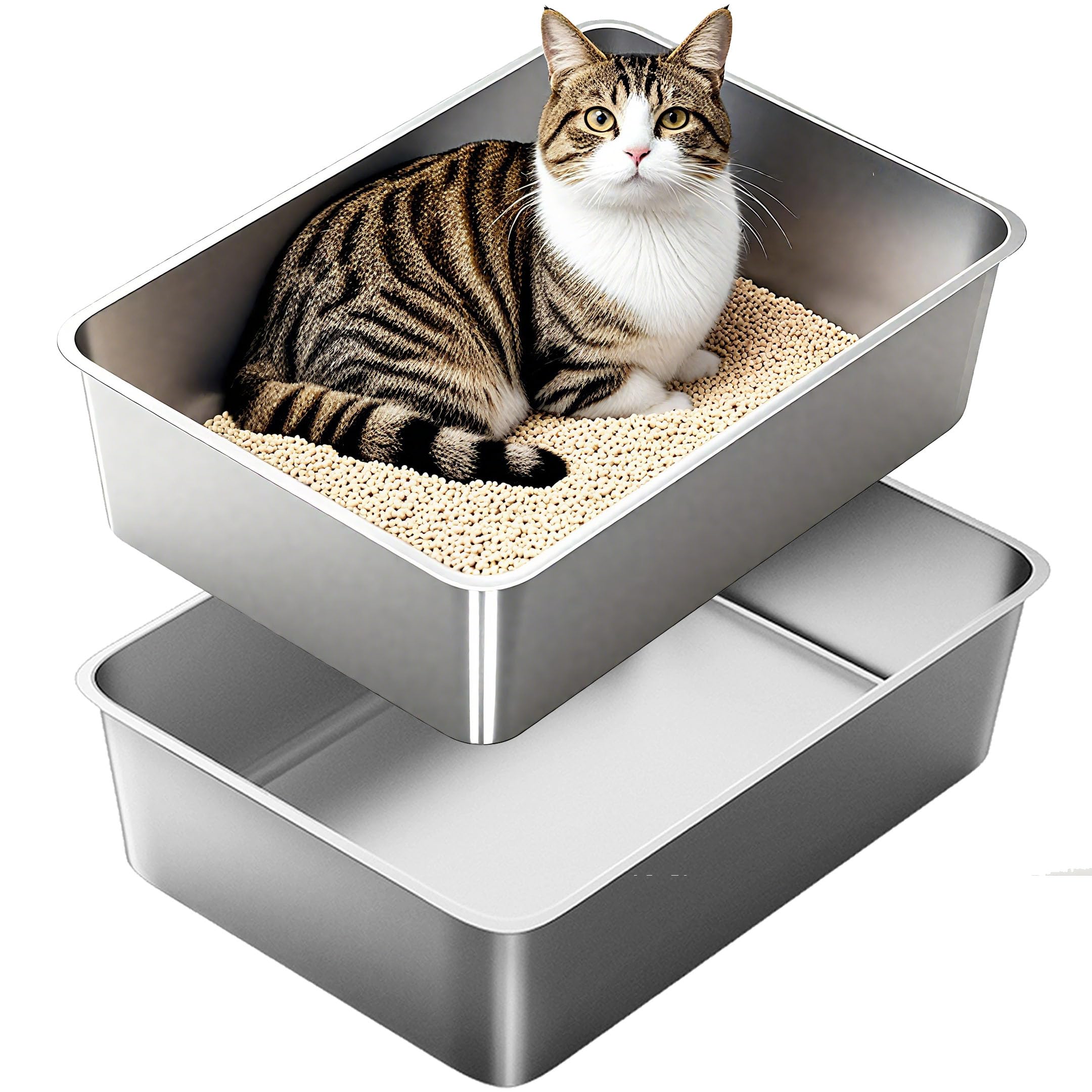 Stainless Steel Cat Litter Box, Medium Metal Litterbox, 2-Pack Stainless Steel Litter Tray Pan for Medium Cats, 19.7" Lx13.8 W x5.9 H, No Odour